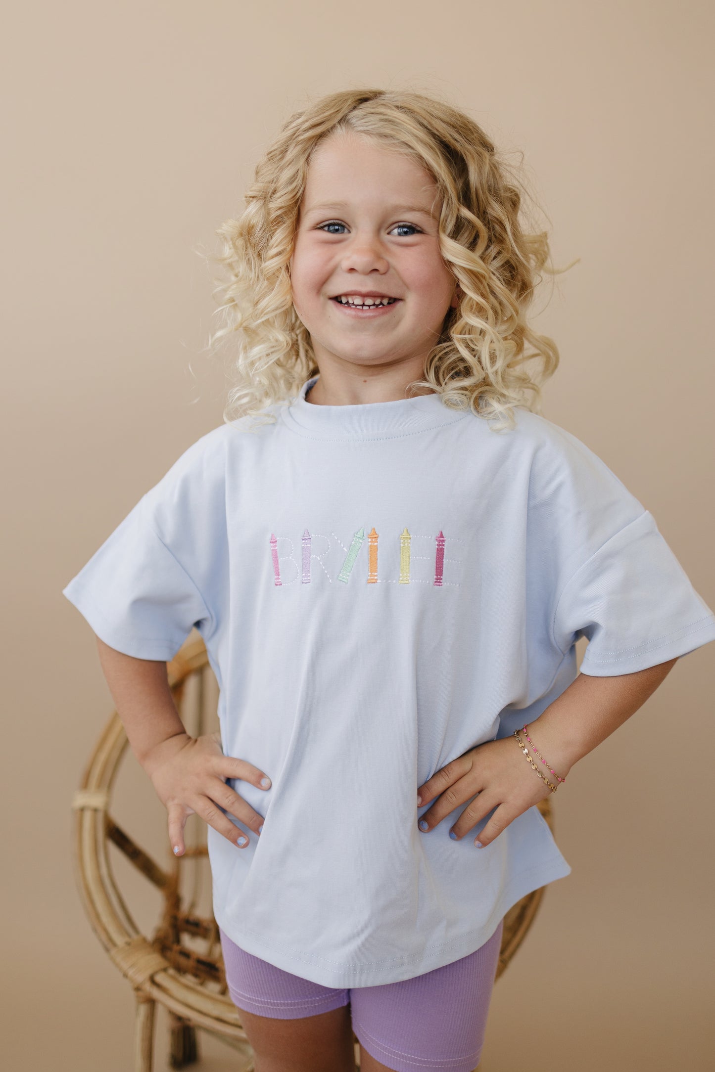Custom Embroidered Light Blue Oversized Tee or T-Shirt Romper - Back to School Crayon Font