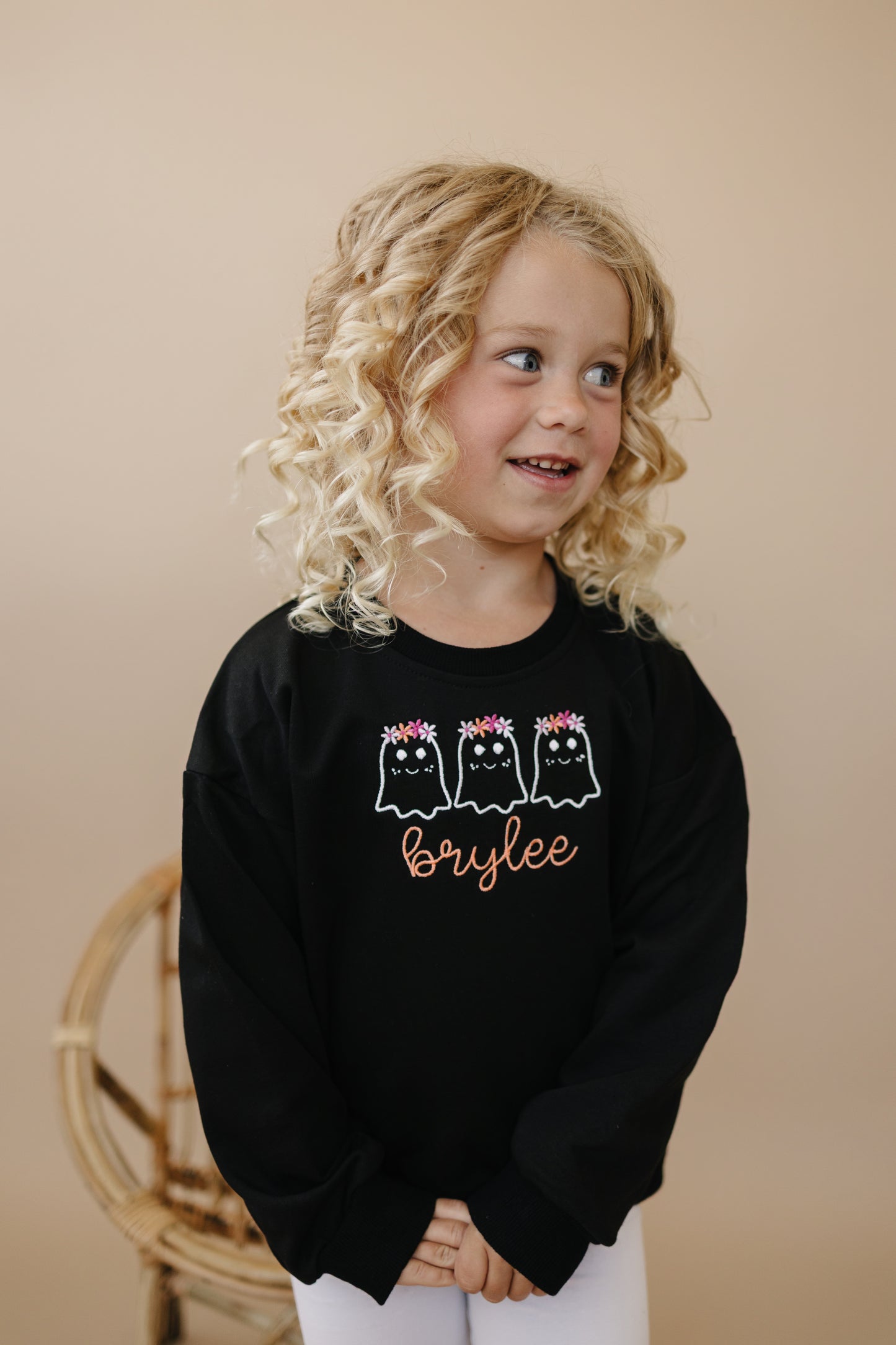 Custom Embroidered Black Halloween Sweatshirt, Tee or Bubble Romper - Girly Ghosts