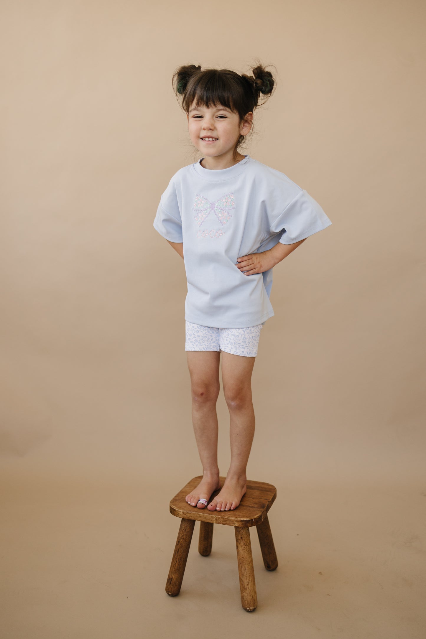 Custom Embroidered Light Blue Oversized Tee or T-Shirt Romper - Floral Bow Design