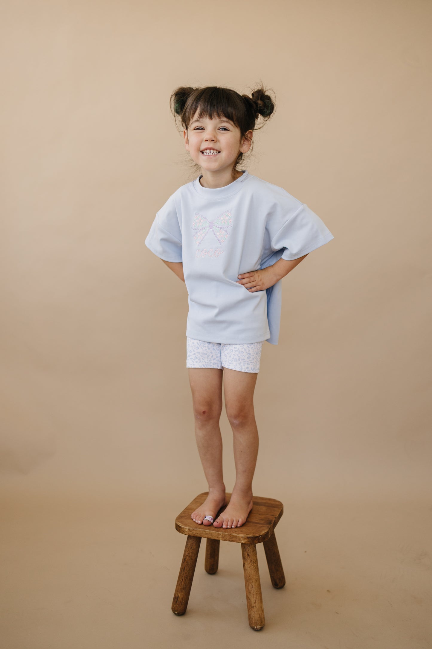 Custom Embroidered Light Blue Oversized Tee or T-Shirt Romper - Floral Bow Design
