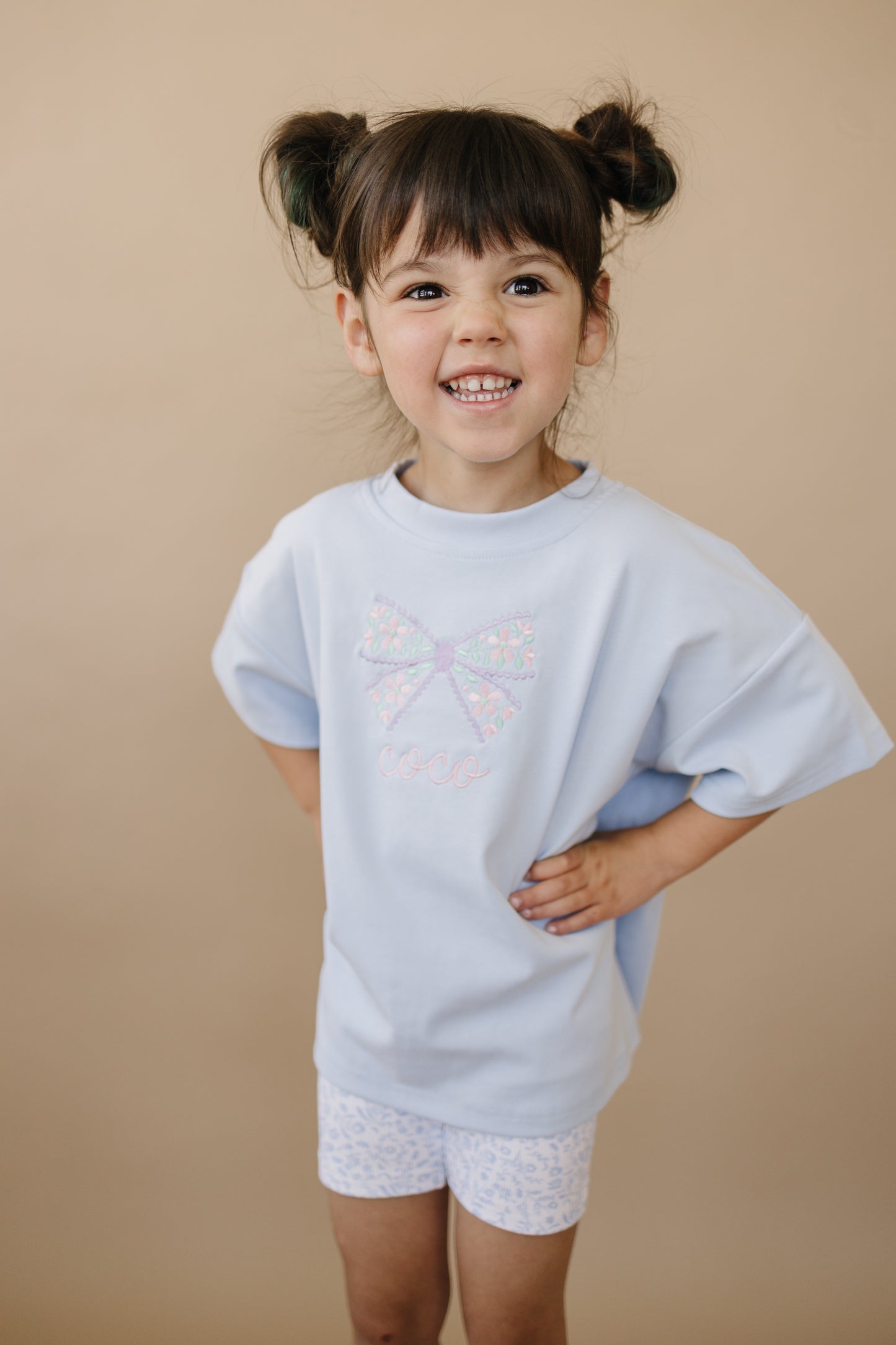 Custom Embroidered Light Blue Oversized Tee or T-Shirt Romper - Floral Bow Design