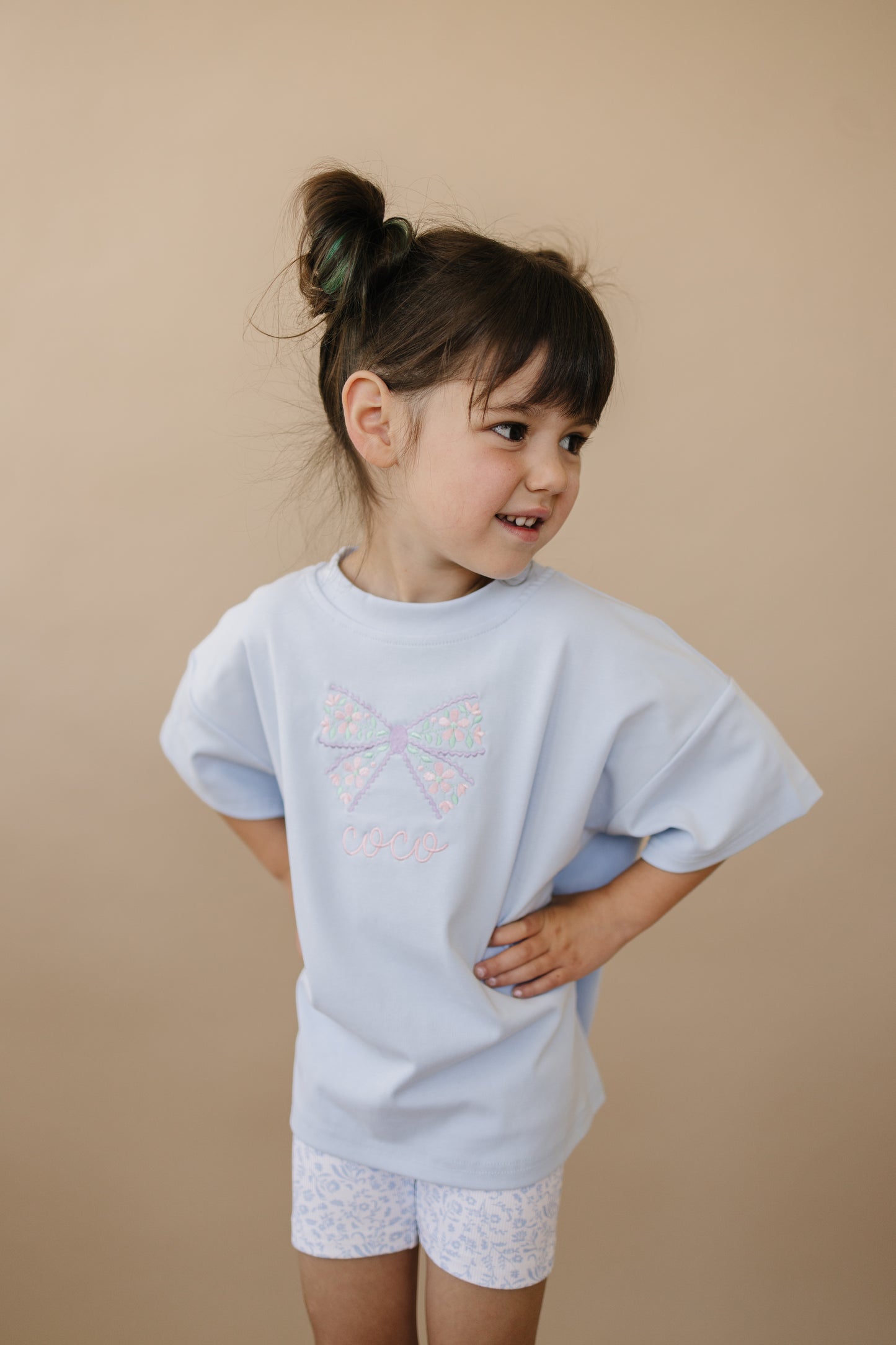 Custom Embroidered Light Blue Oversized Tee or T-Shirt Romper - Floral Bow Design