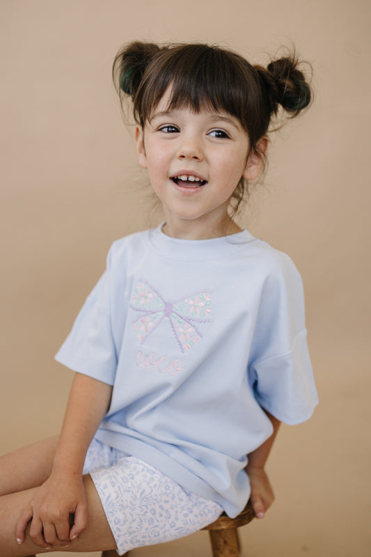 Custom Embroidered Light Blue Oversized Tee or T-Shirt Romper - Floral Bow Design