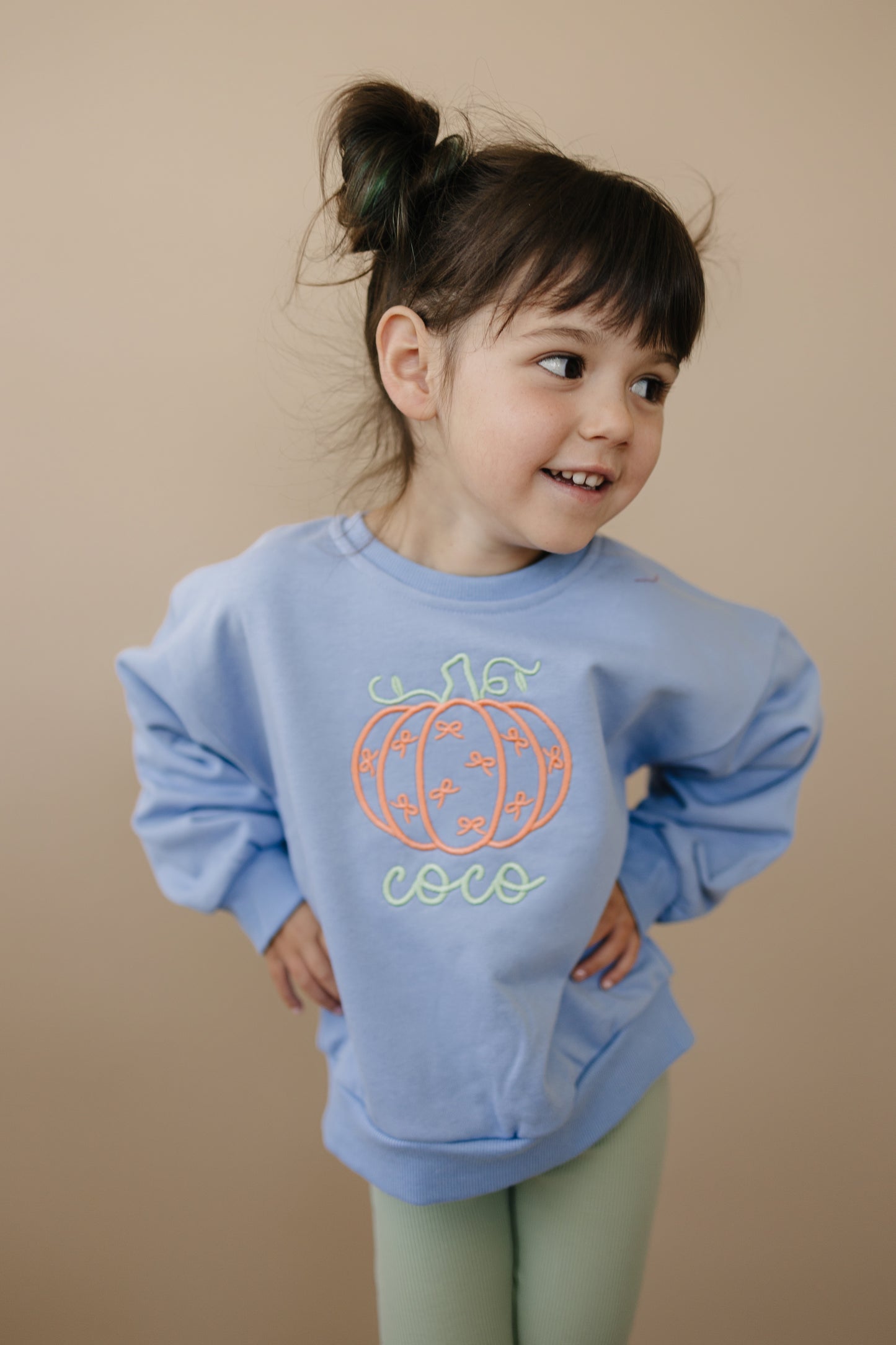 Custom Embroidered Bow Pumpkin Crewneck Sweatshirt or Bubble Romper - Blue or Purple