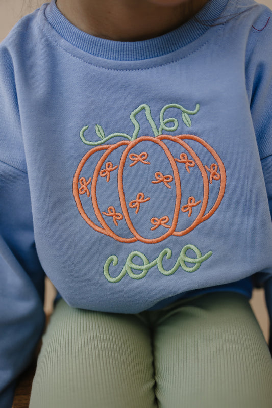 Custom Embroidered Bow Pumpkin Crewneck Sweatshirt or Bubble Romper - Blue or Purple