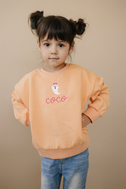 Custom Halloween Embroidered Creamsicle Crewneck Sweatshirt or Sweatshirt Romper - Bow Ghost