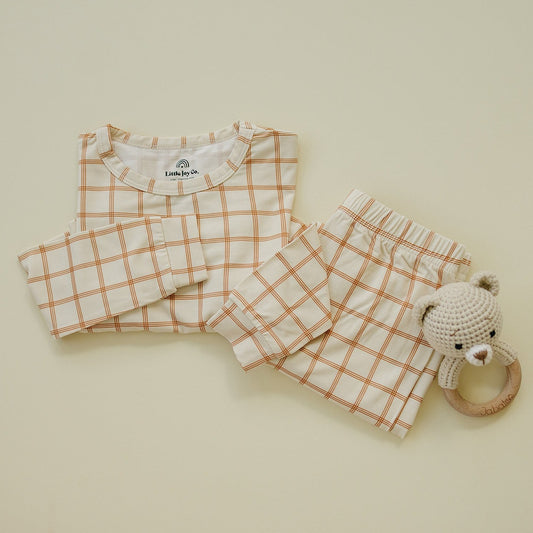 Baby-Schlafanzug aus Bambus mit Kürbis-Karos - 2-teiliges Set