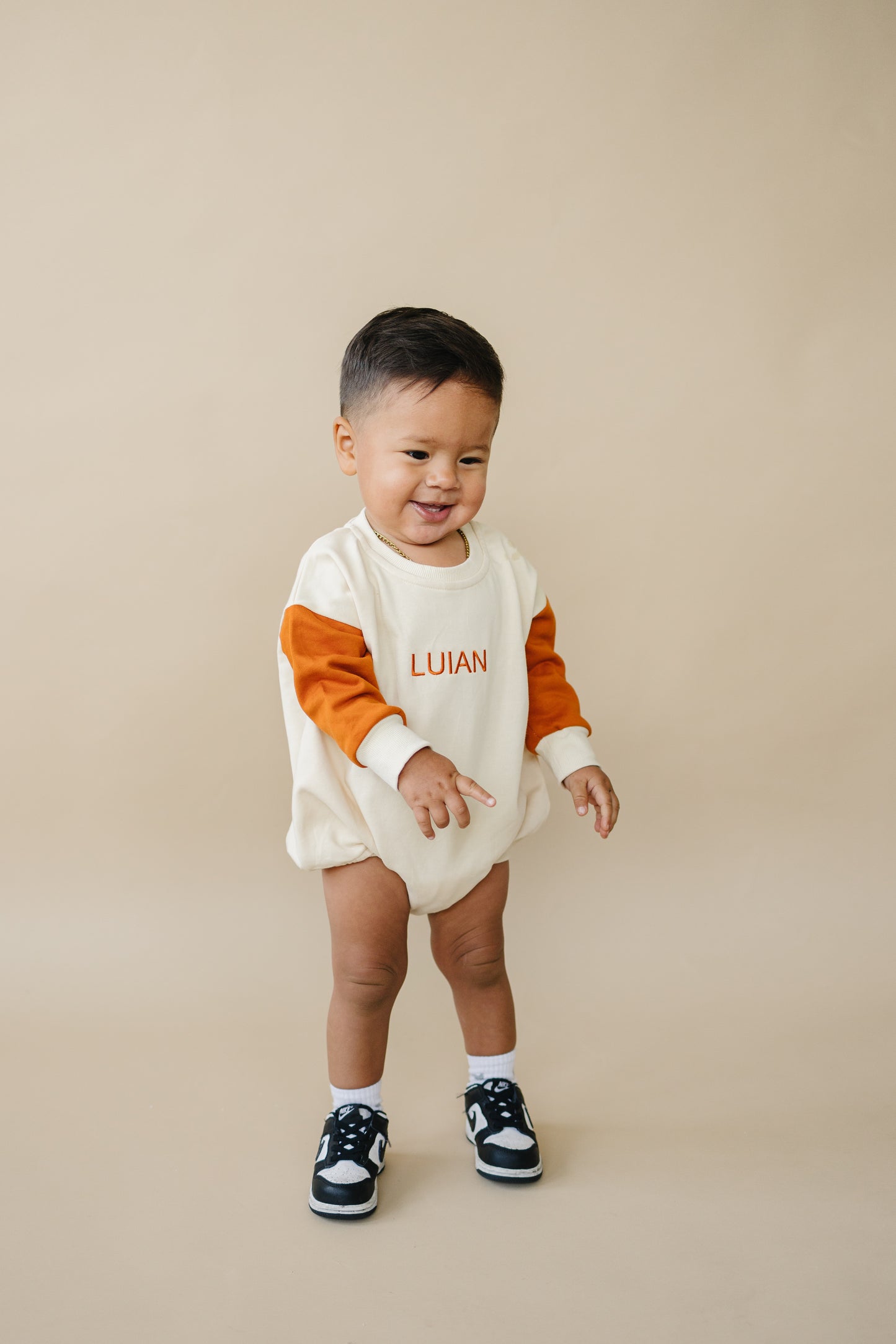 Custom Embroidered Orange Colorblock Crewneck Sweatshirt or Romper