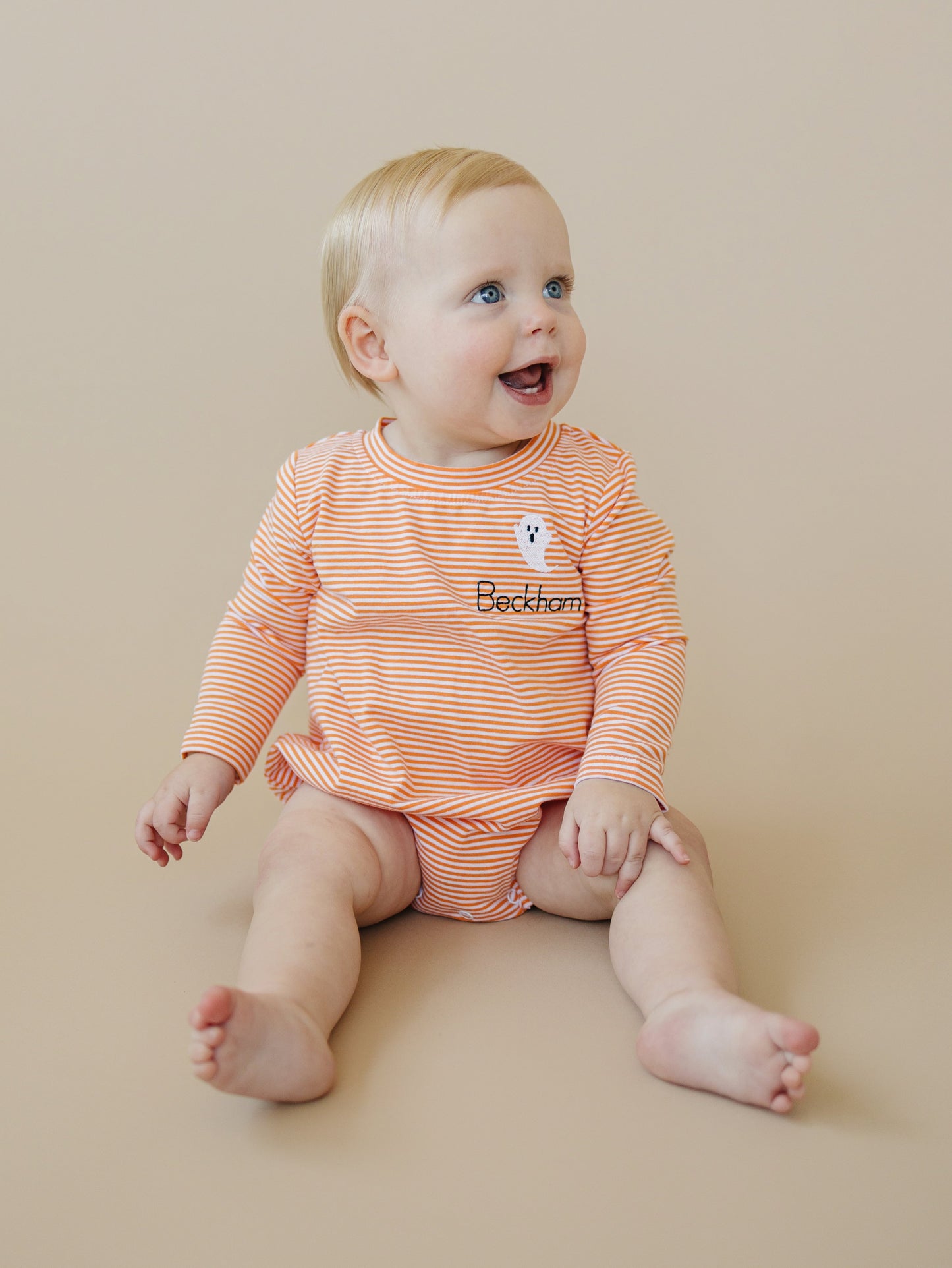 Custom Embroidered Orange Striped Halloween Bubble Romper - Ghost