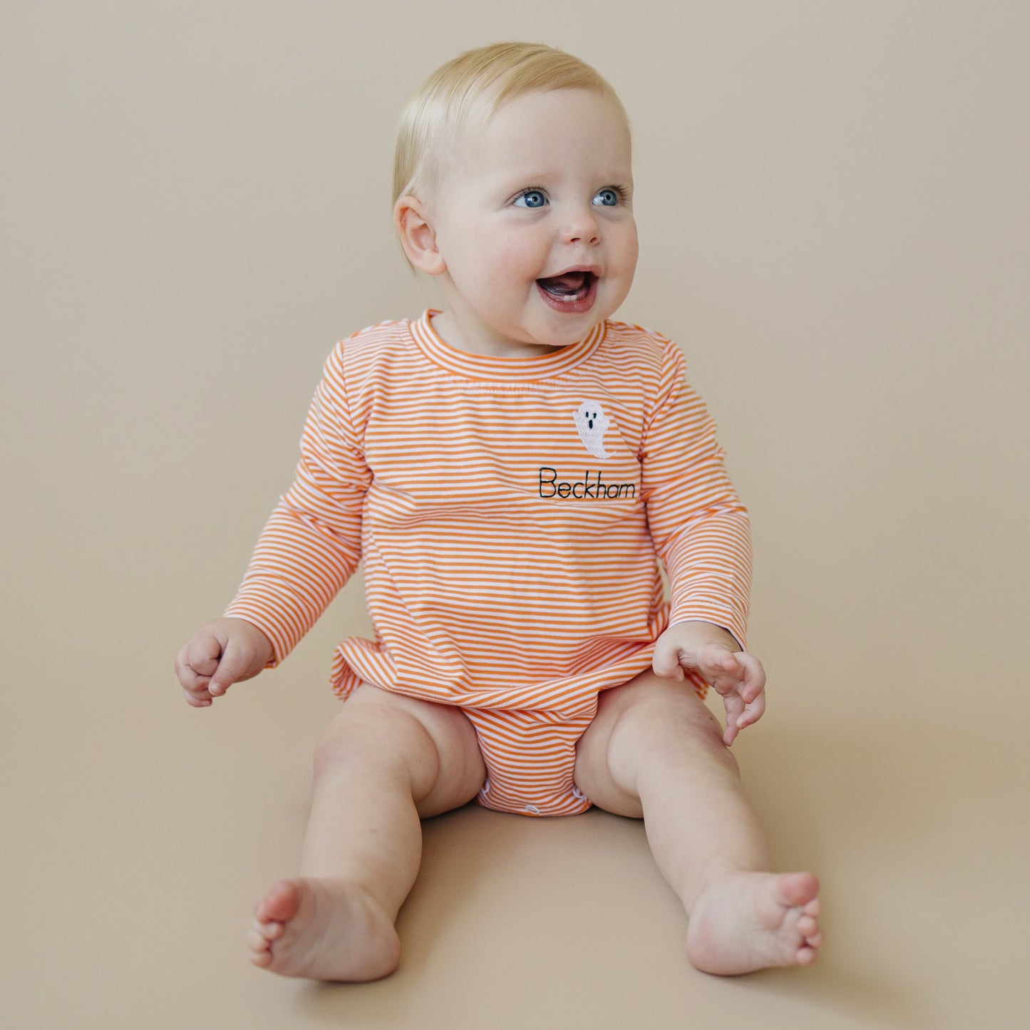 Custom Embroidered Orange Striped Halloween Bubble Romper - Ghost