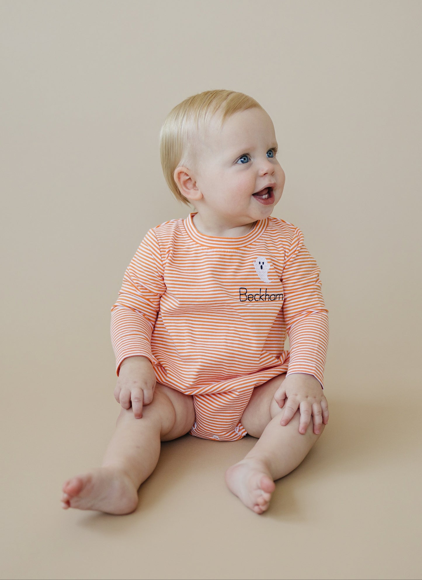Custom Embroidered Orange Striped Halloween Bubble Romper - Ghost