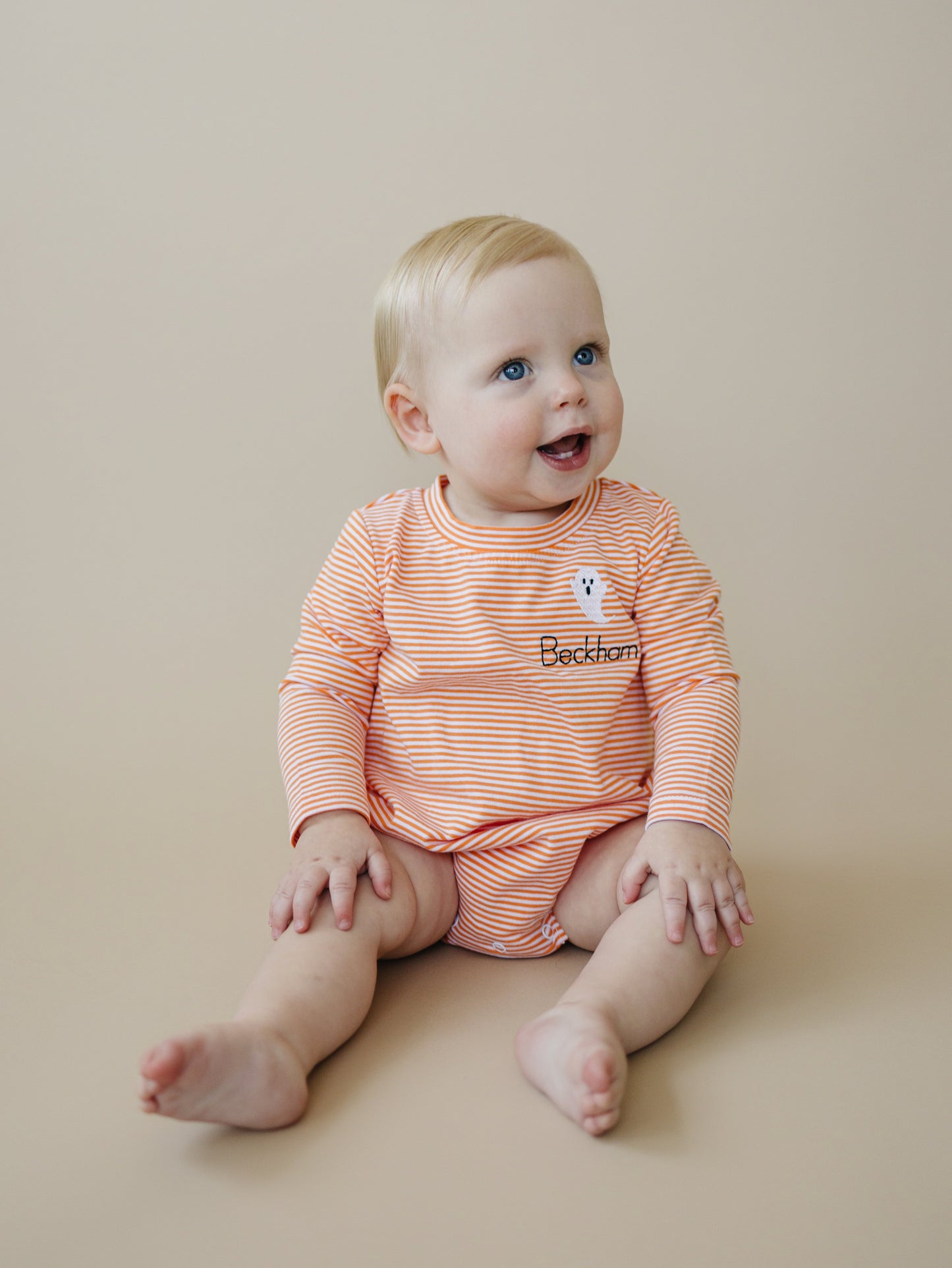 Custom Embroidered Orange Striped Halloween Bubble Romper - Ghost