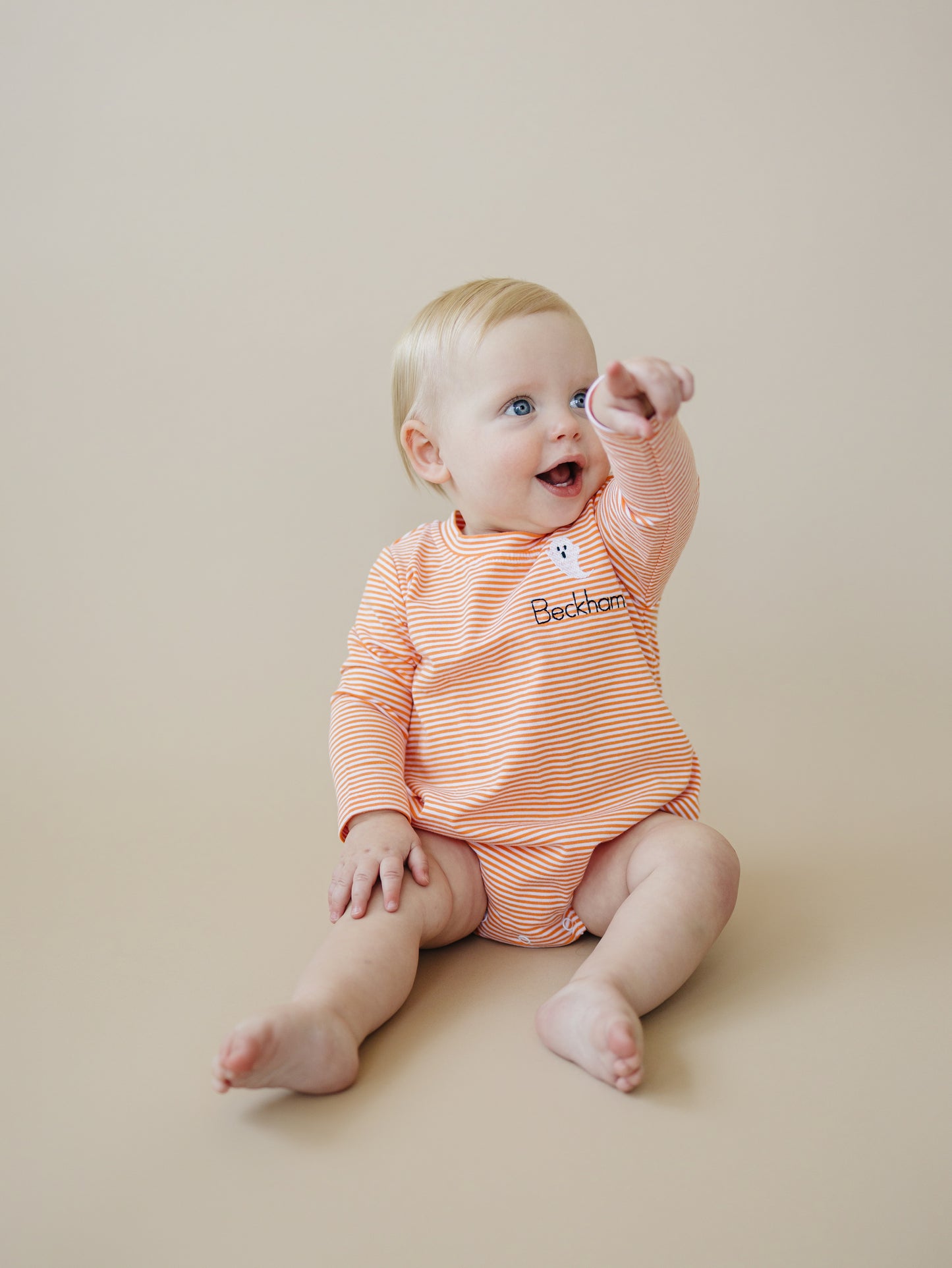 Custom Embroidered Orange Striped Halloween Bubble Romper - Ghost