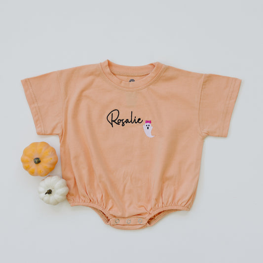 Custom Embroidered Halloween T-Shirt Romper or Oversized Tee - Bow Ghost