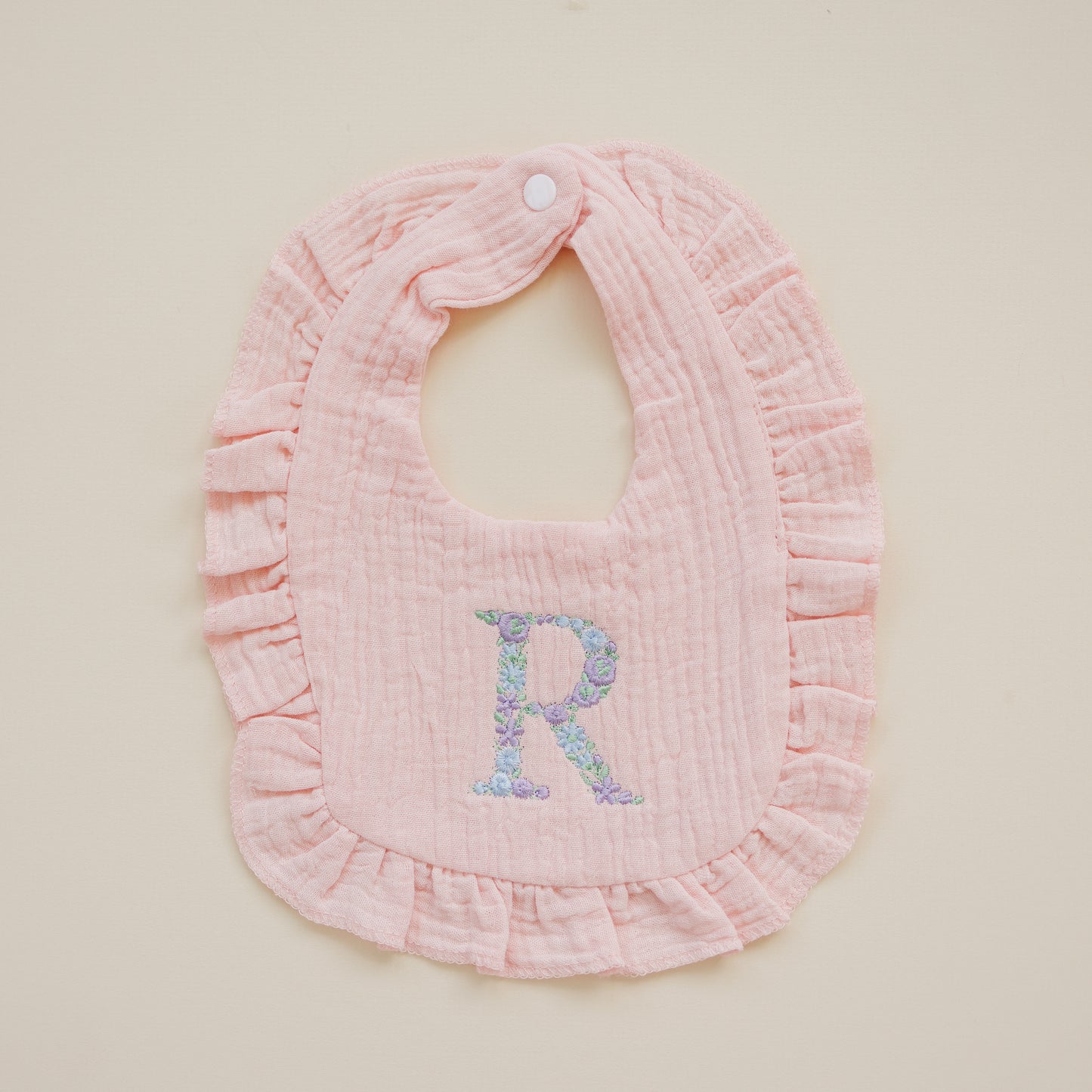 Custom Embroidered Ruffled Muslin Bib - more colors