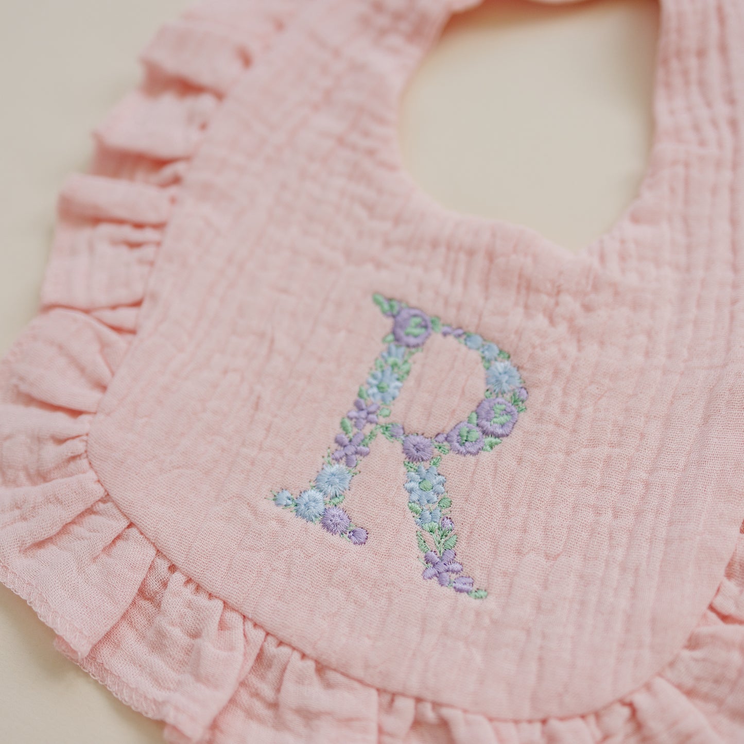 Custom Embroidered Ruffled Muslin Bib - more colors