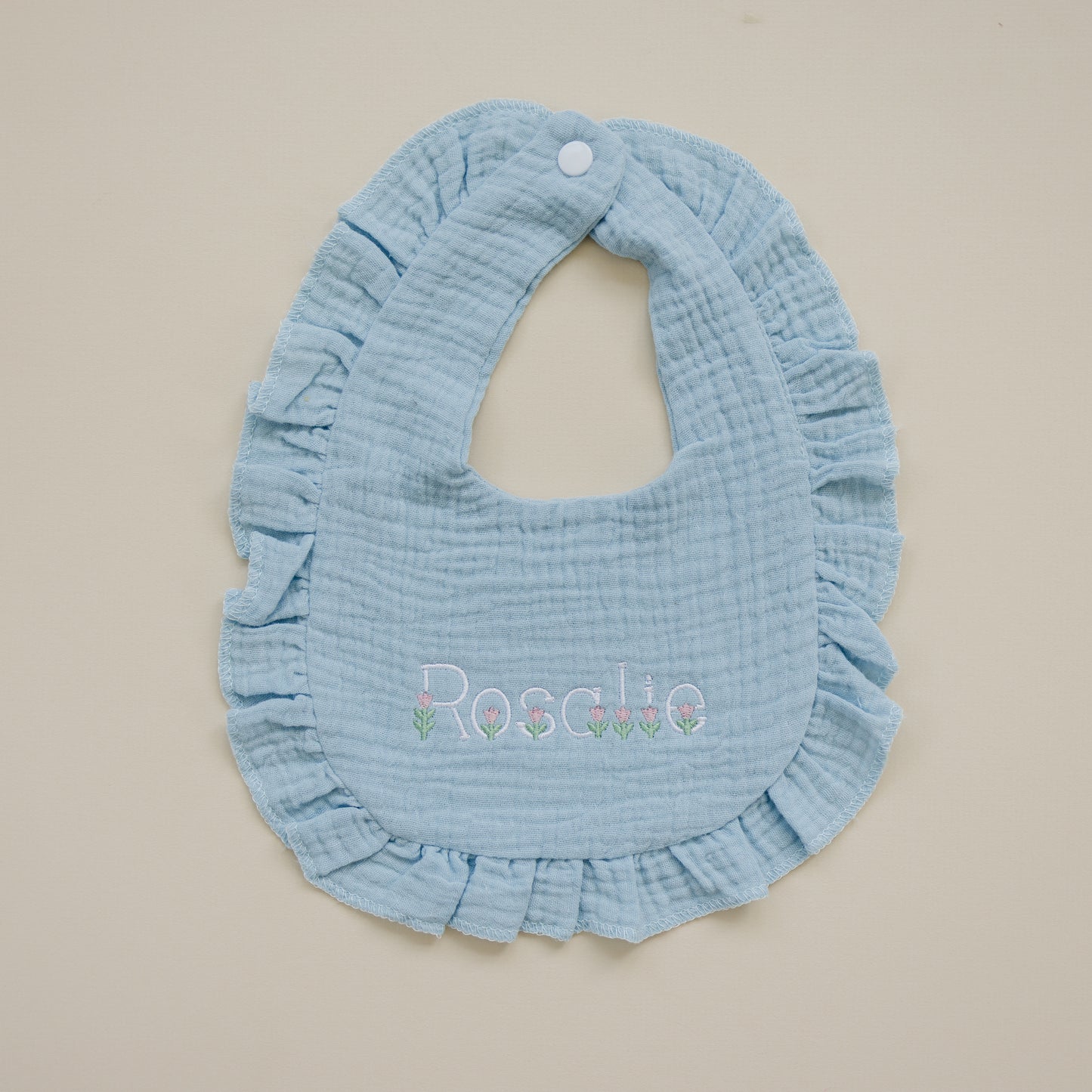 Custom Embroidered Ruffled Muslin Bib - more colors