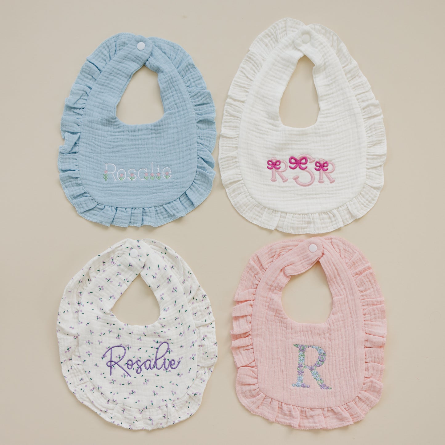 Custom Embroidered Ruffled Muslin Bib - more colors