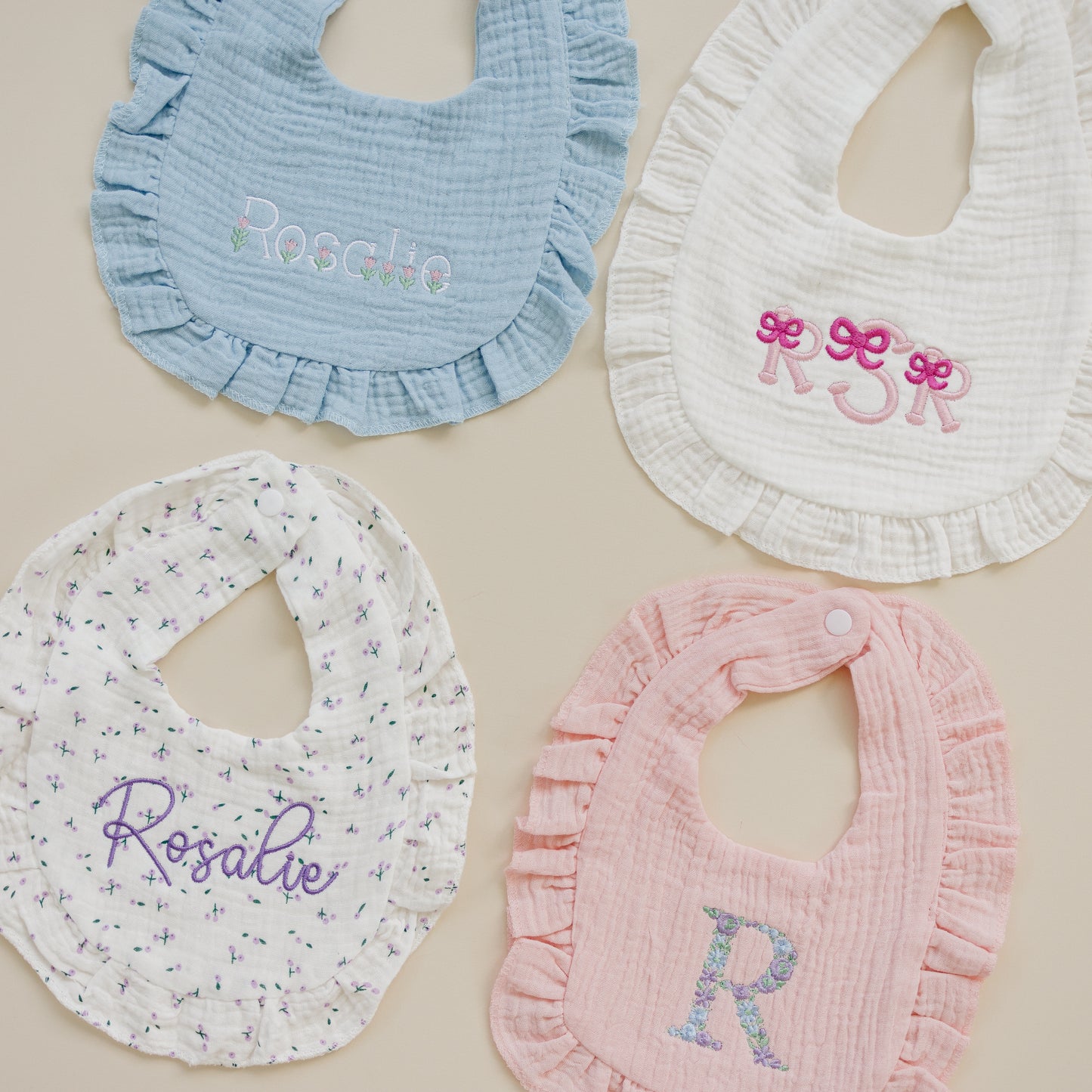 Custom Embroidered Ruffled Muslin Bib - more colors