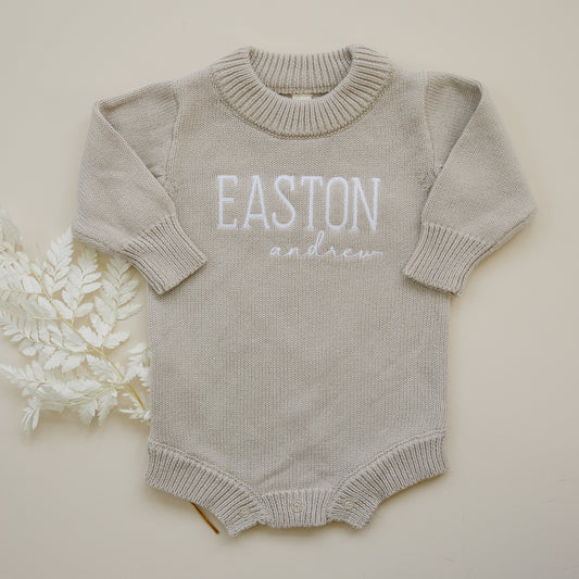Custom Embroidered Knit Sweater Romper + Add-On Booties & Hat Set