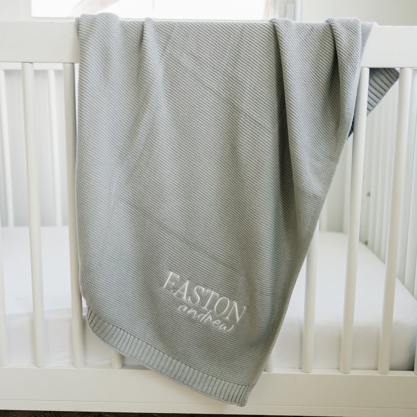 Custom Embroidered Knit Blanket - Blue Gray