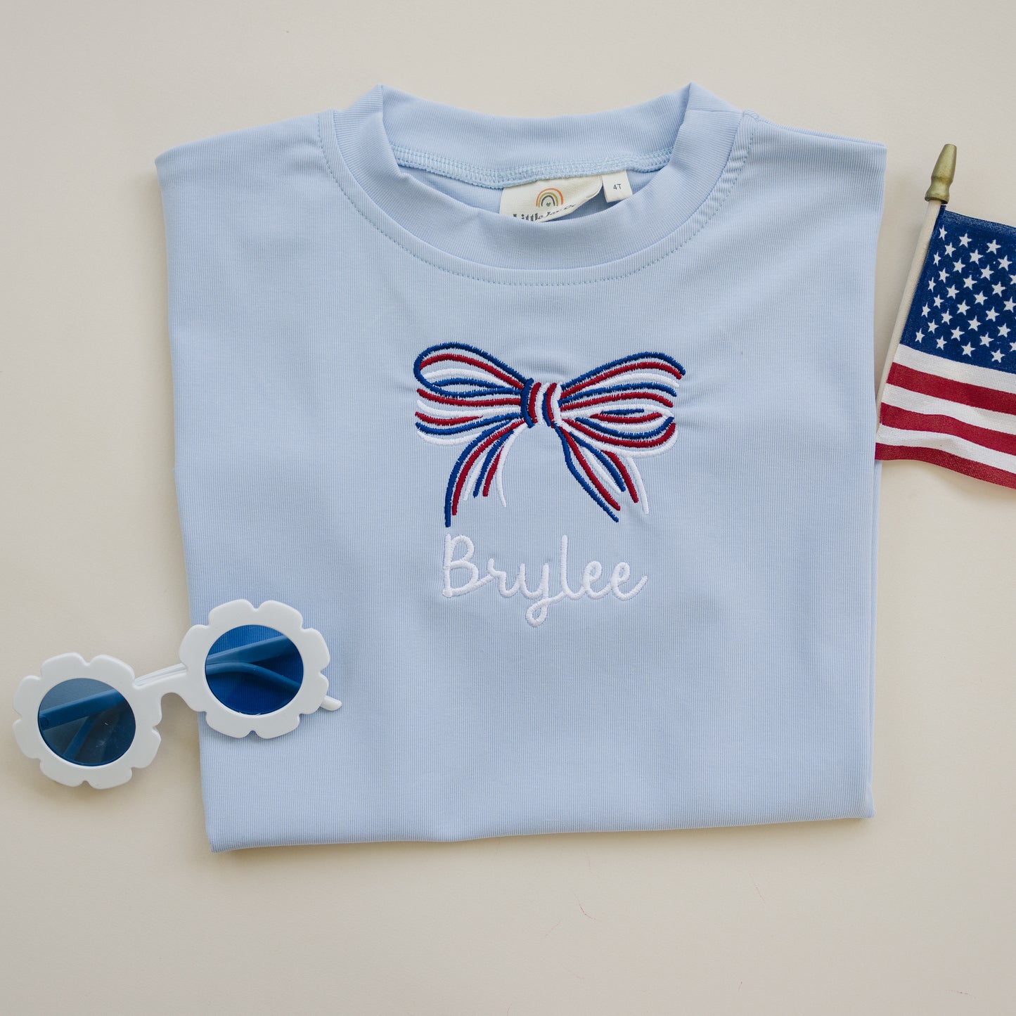 Custom Embroidered Light Blue 4th of July Tee - bow or pick your own design!