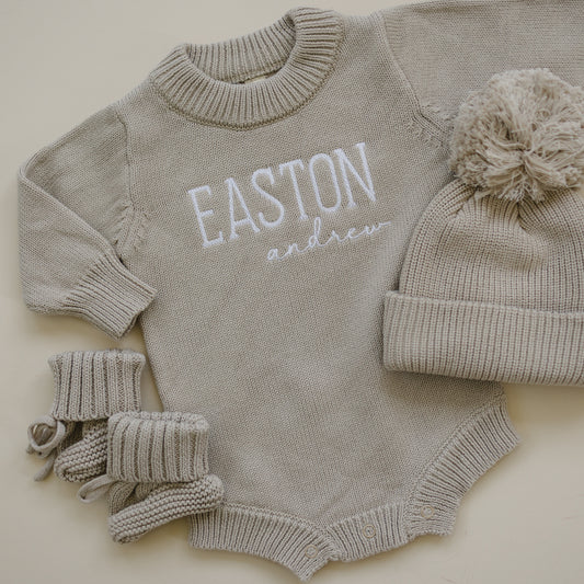 Custom Embroidered Knit Sweater Romper + Add-On Booties & Hat Set