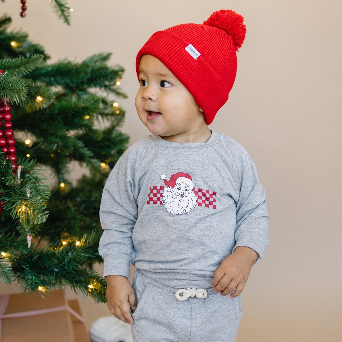 Kariertes Weihnachts-Set aus Rundhalsausschnitt und Jogginghose aus Bambus mit Weihnachtsmann-Motiv