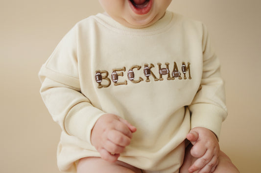 Custom Embroidered Sweatshirt Romper - Football or Baseball Font