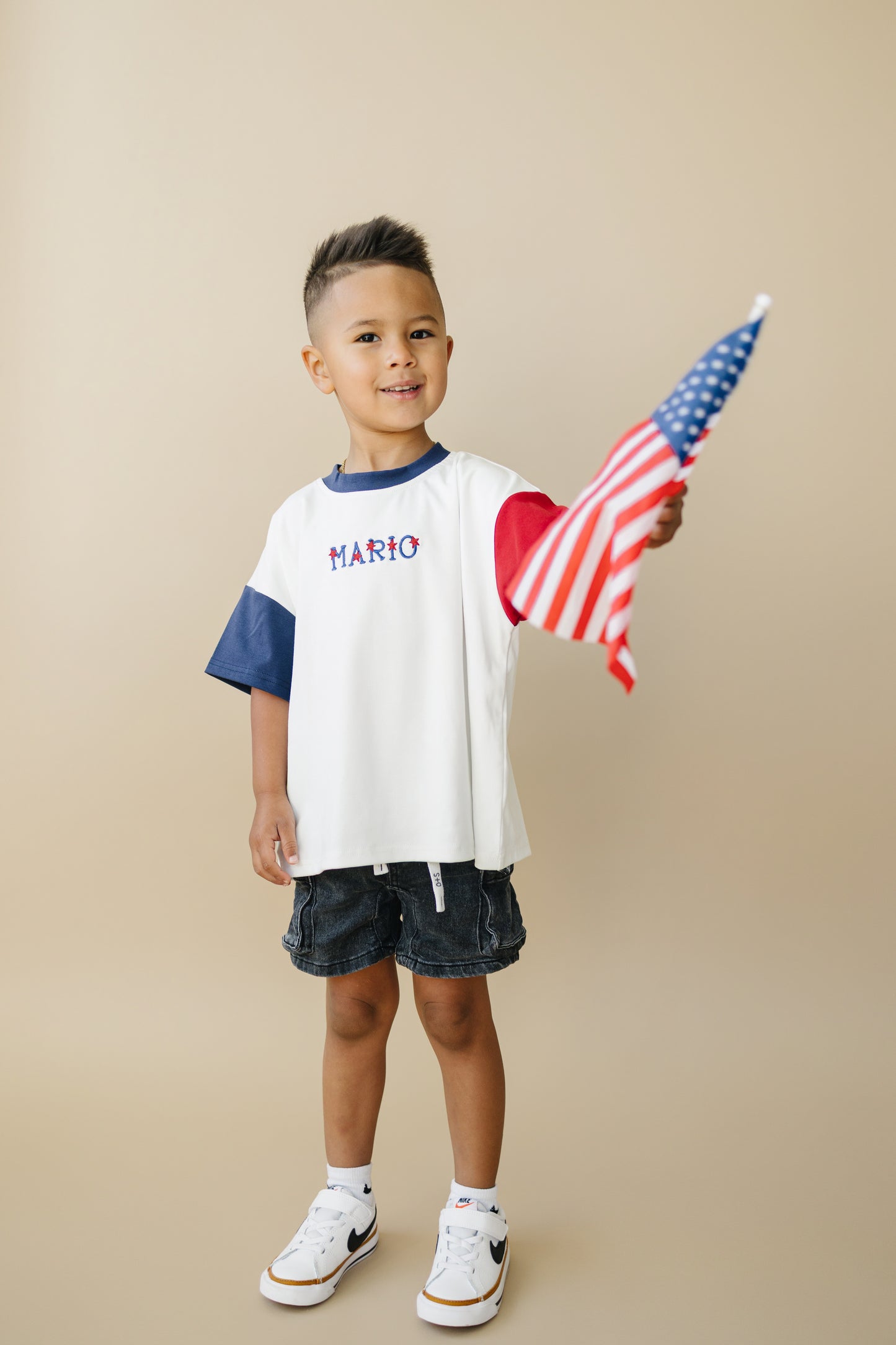 Custom Embroidered 4th of July Colorblock T-Shirt Romper or Oversized Tee - Flag
