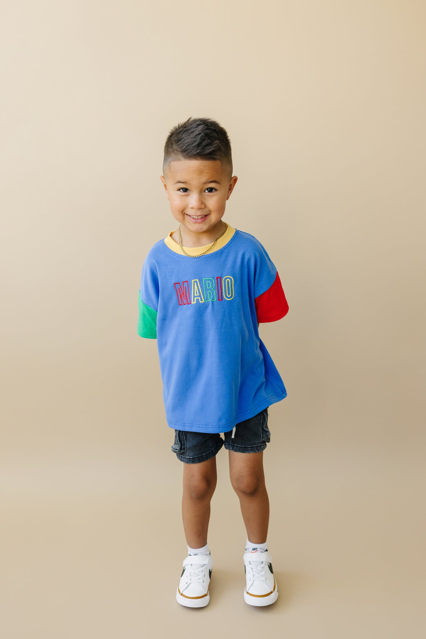 Custom Embroidered 90s Colorblock Tee and Biker Shorts Set