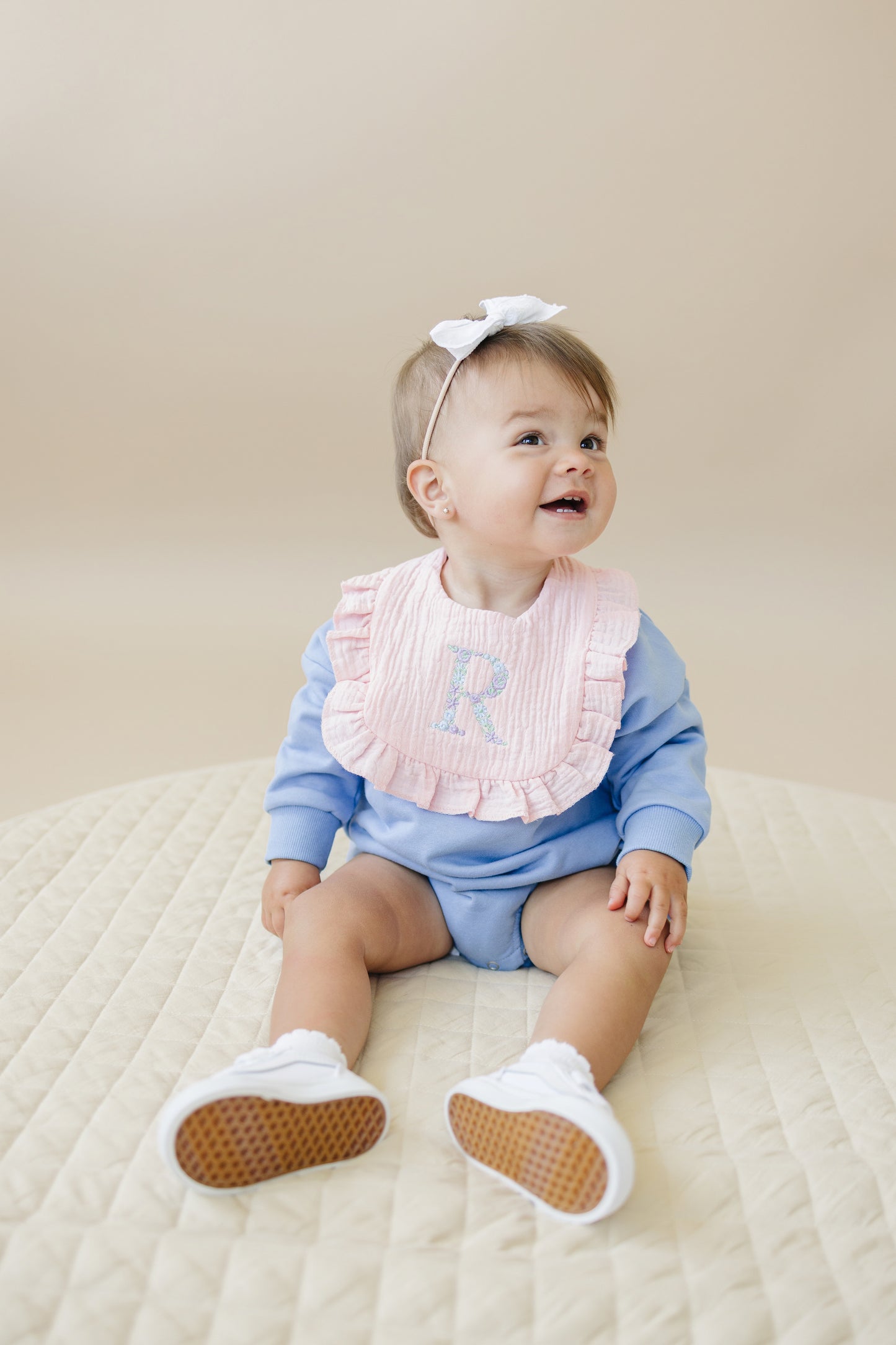 Custom Embroidered Ruffled Muslin Bib - more colors