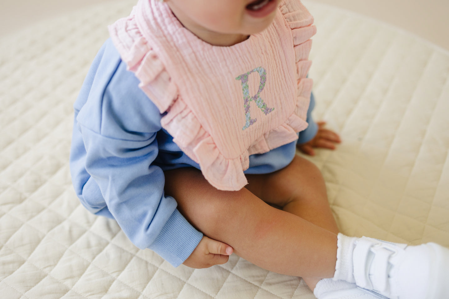 Custom Embroidered Ruffled Muslin Bib - more colors