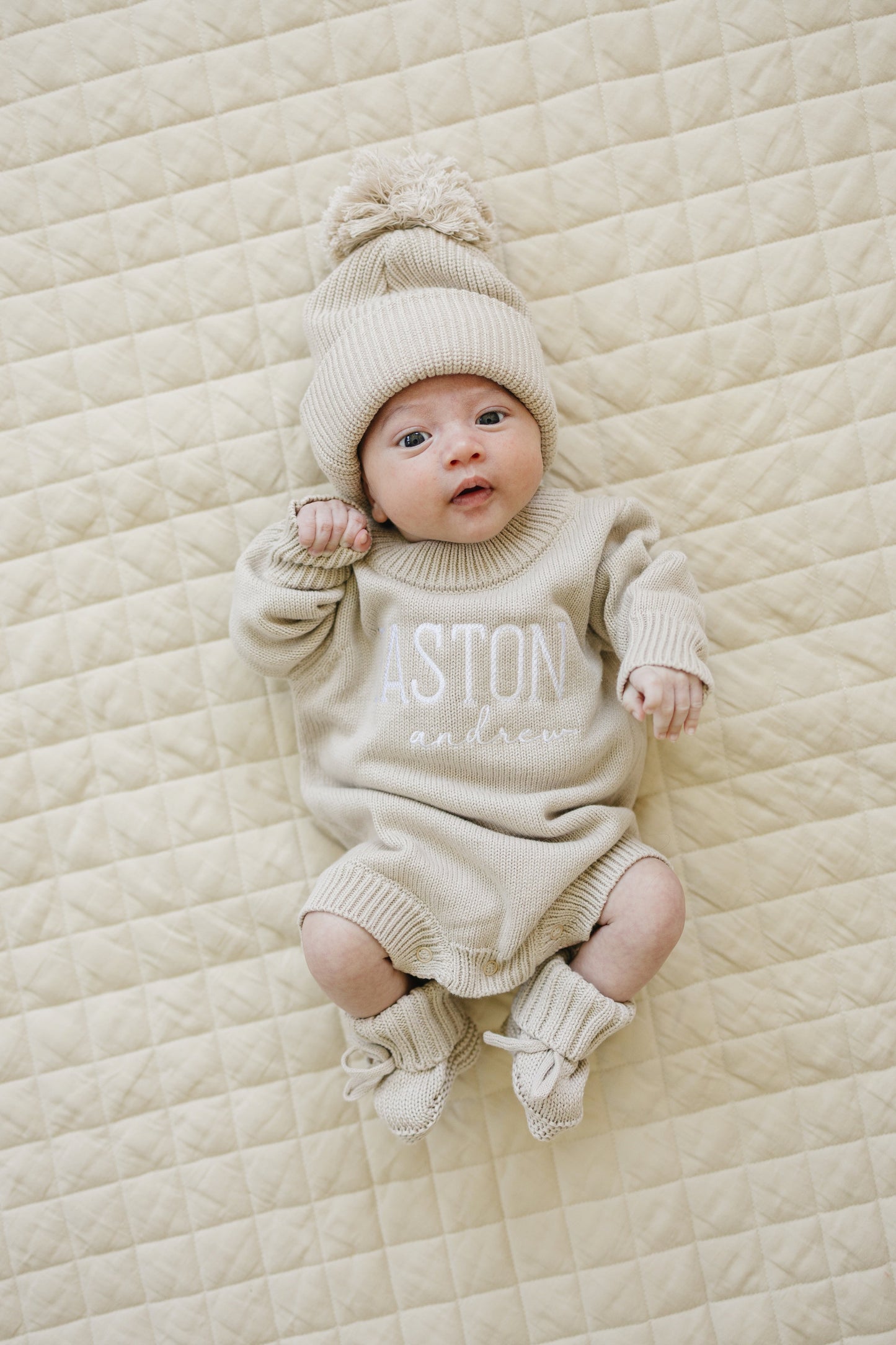 Custom Embroidered Knit Sweater Romper + Add-On Booties & Hat Set