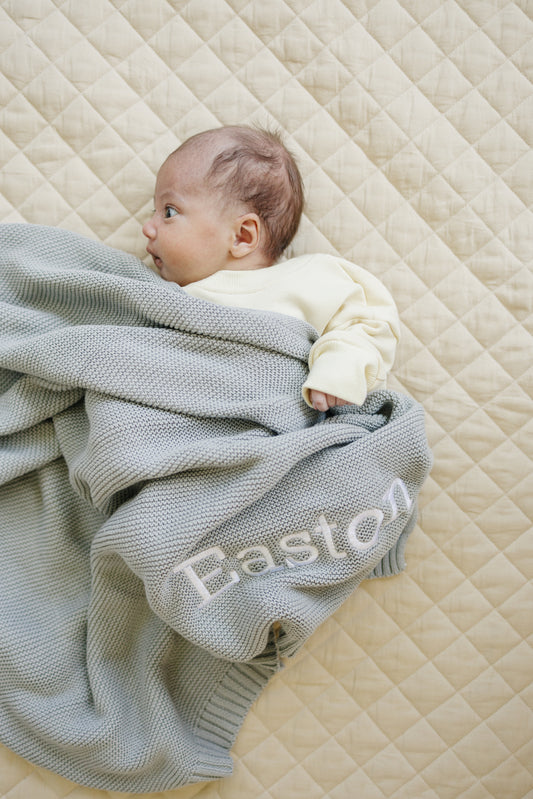 Custom Embroidered Knit Blanket - Blue Gray