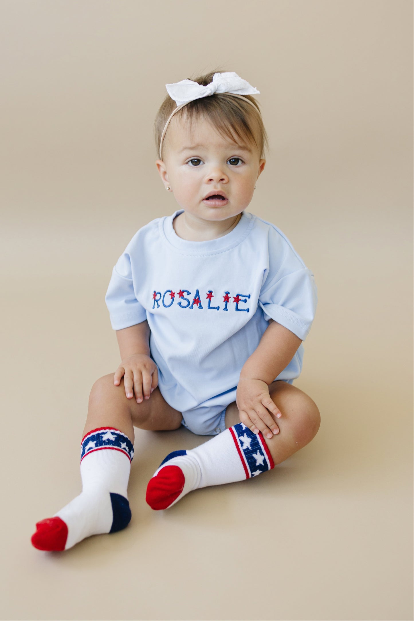 Custom Embroidered Light Blue Oversized Tee or T-Shirt Romper - Back to School Crayon Font