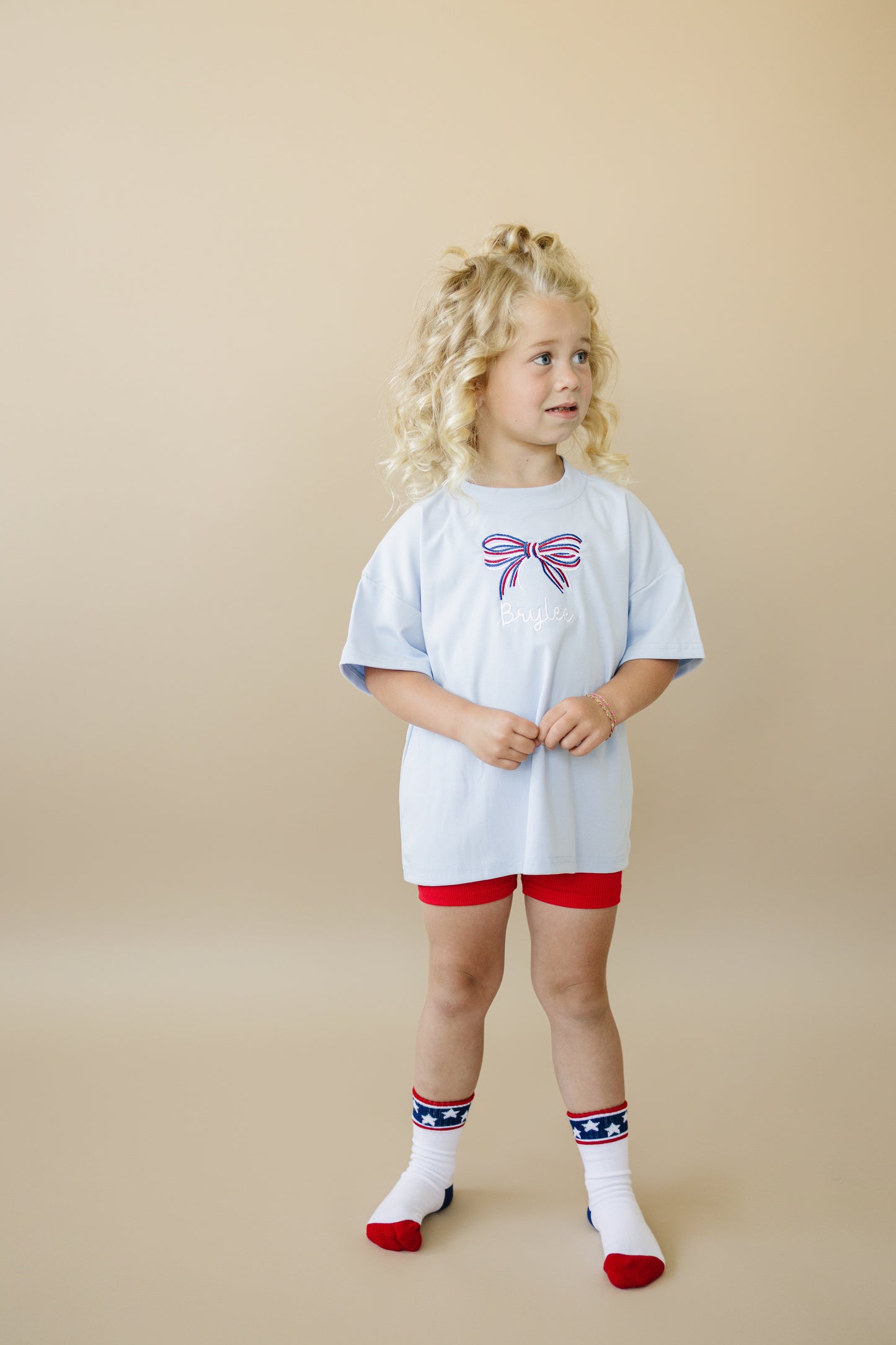 Custom Embroidered Light Blue 4th of July Tee - bow or pick your own design!