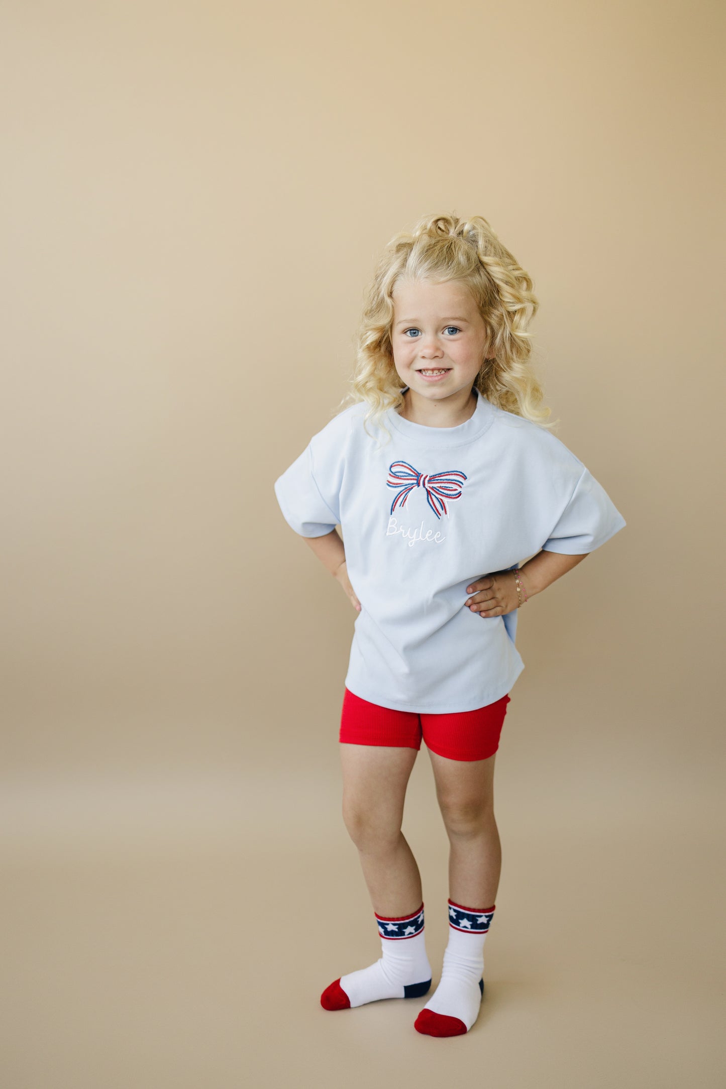 Custom Embroidered Light Blue 4th of July Tee - bow or pick your own design!