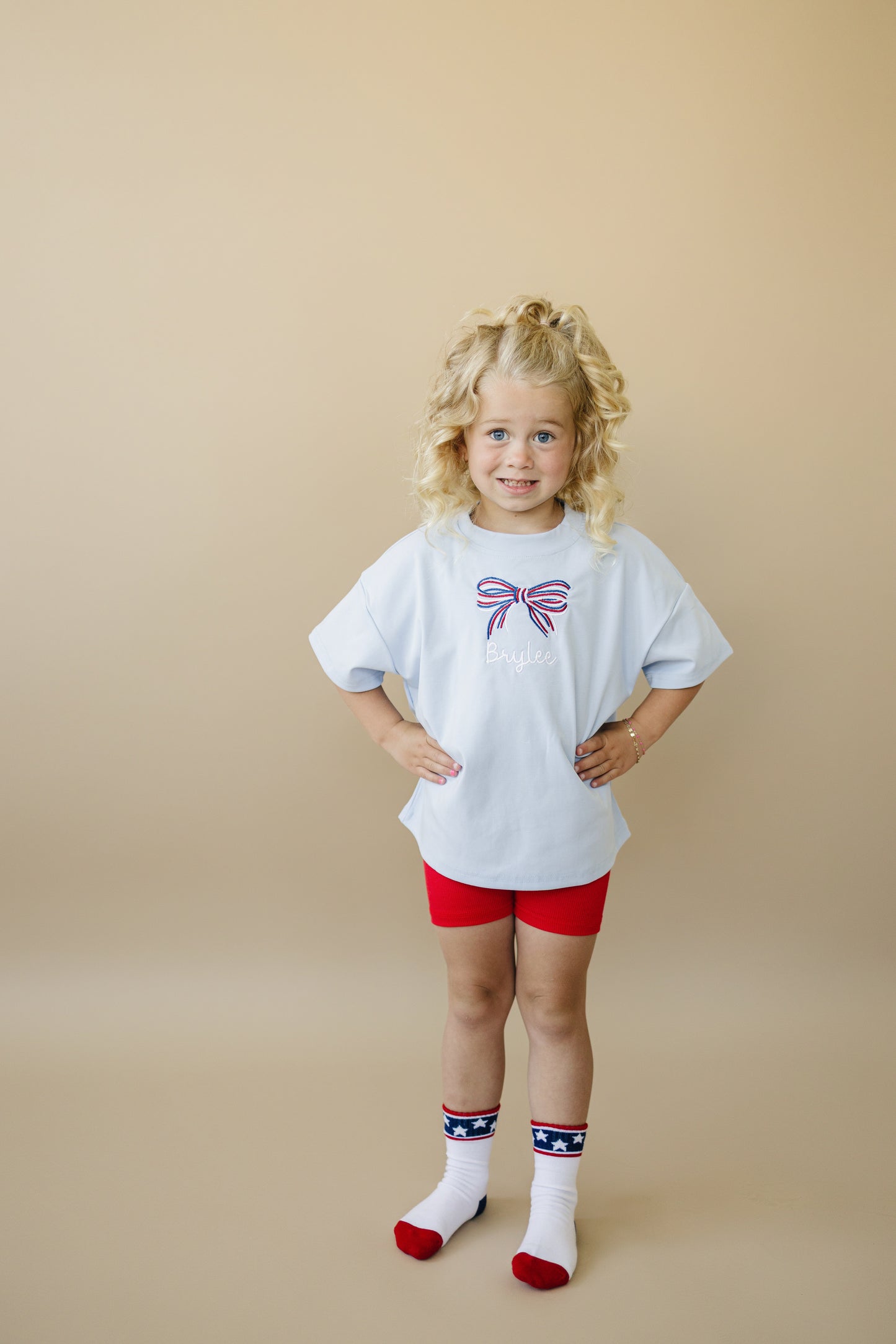 Custom Embroidered Light Blue 4th of July Tee - bow or pick your own design!