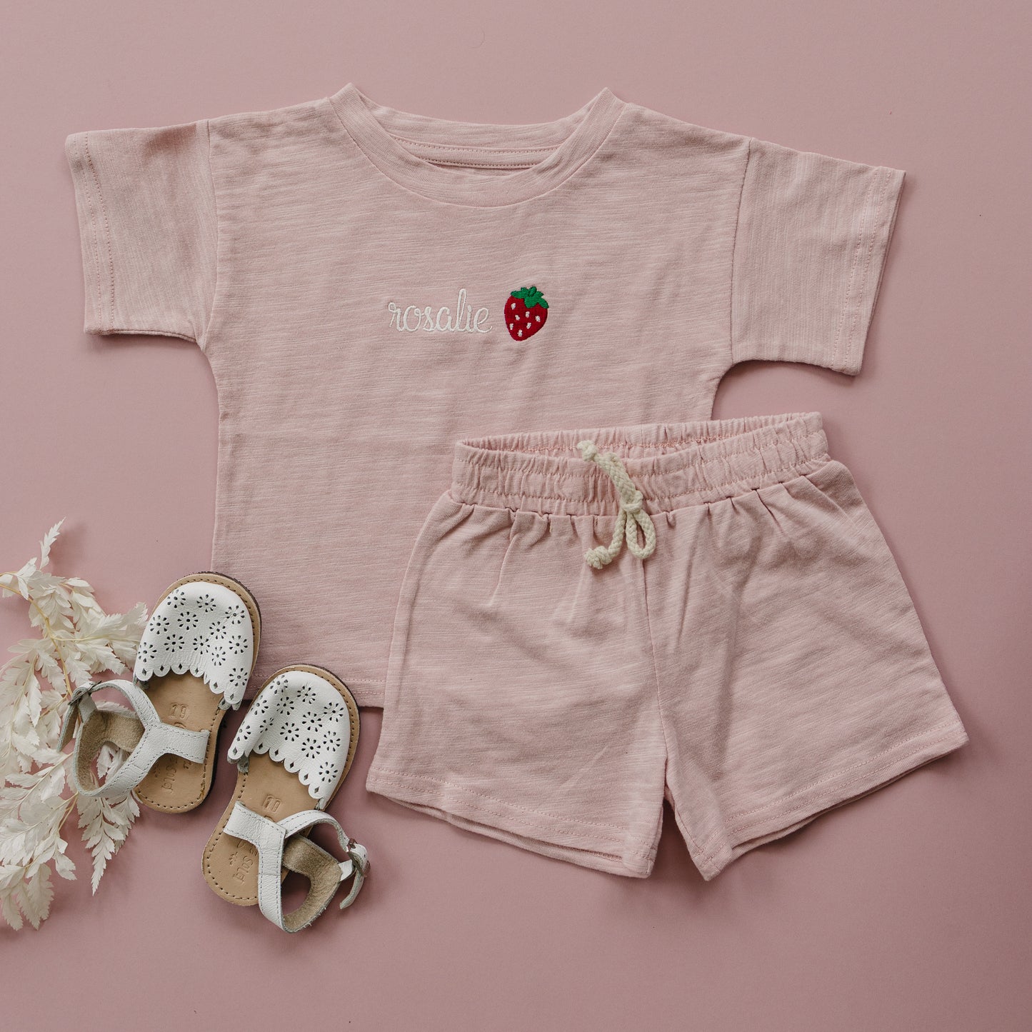 Custom Embroidered Organic Cotton Shorts Set - Pink