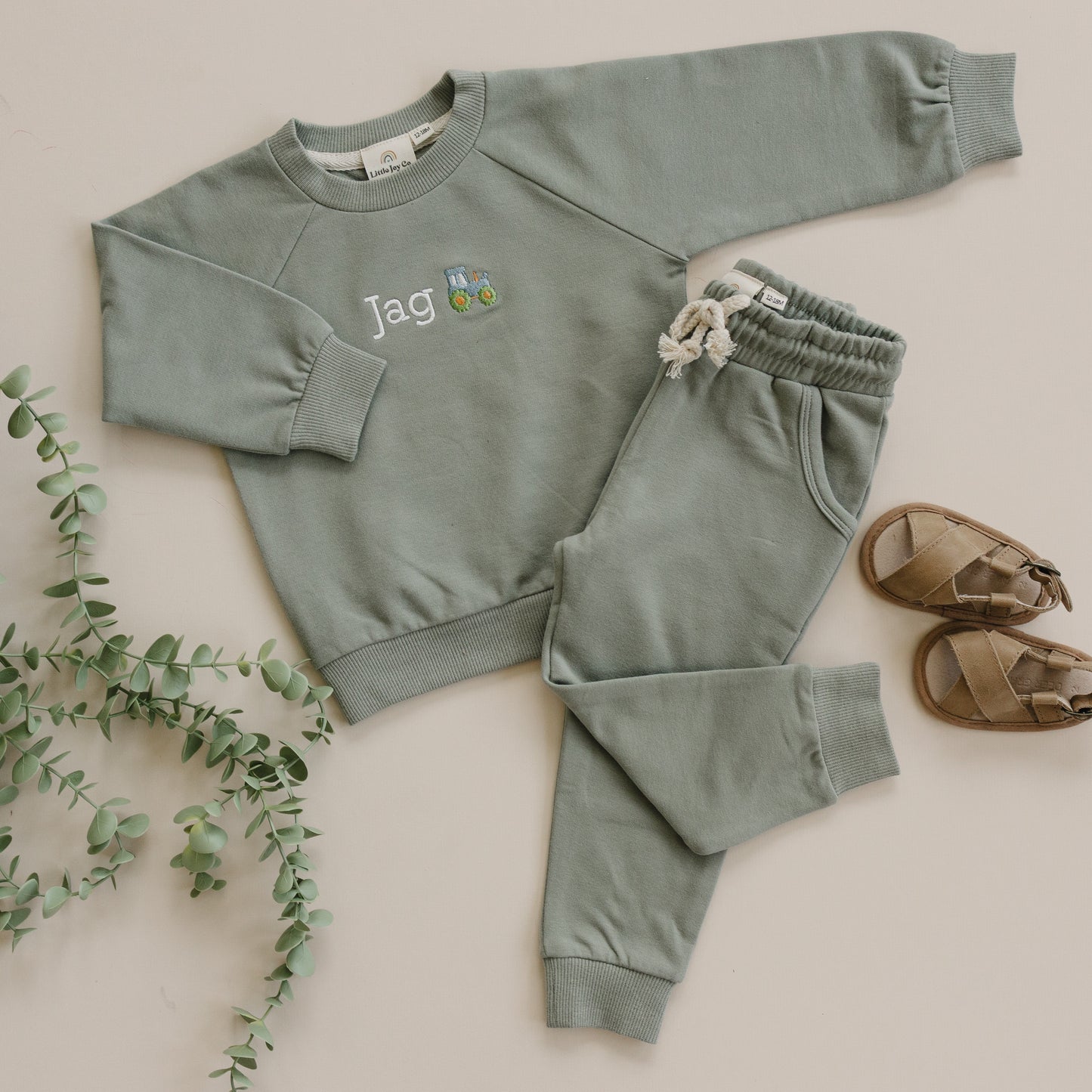 Custom Embroidered Organic Cotton Jogger Set - Sage