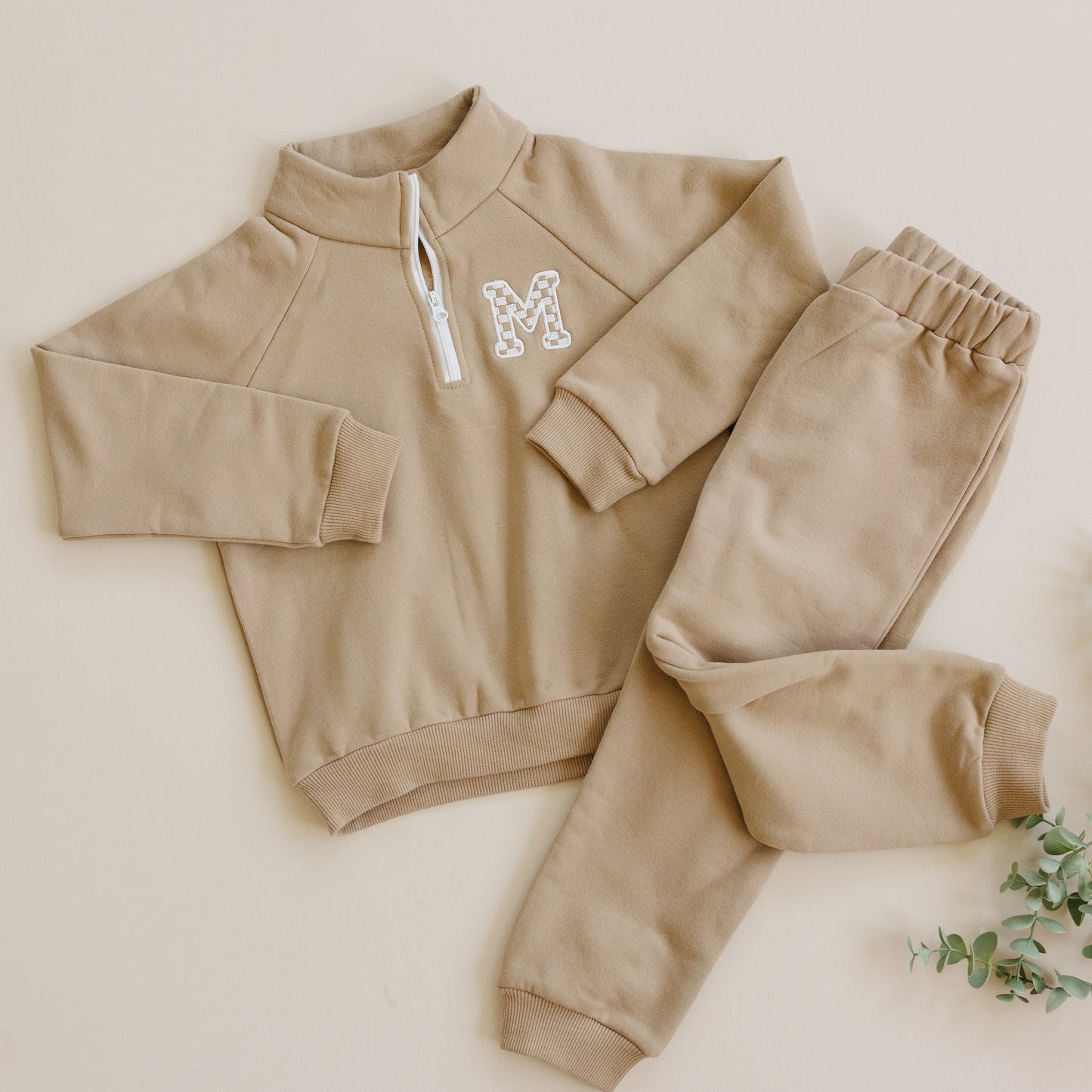 Custom Embroidered Organic Cotton Quarter Zip Set - Tan