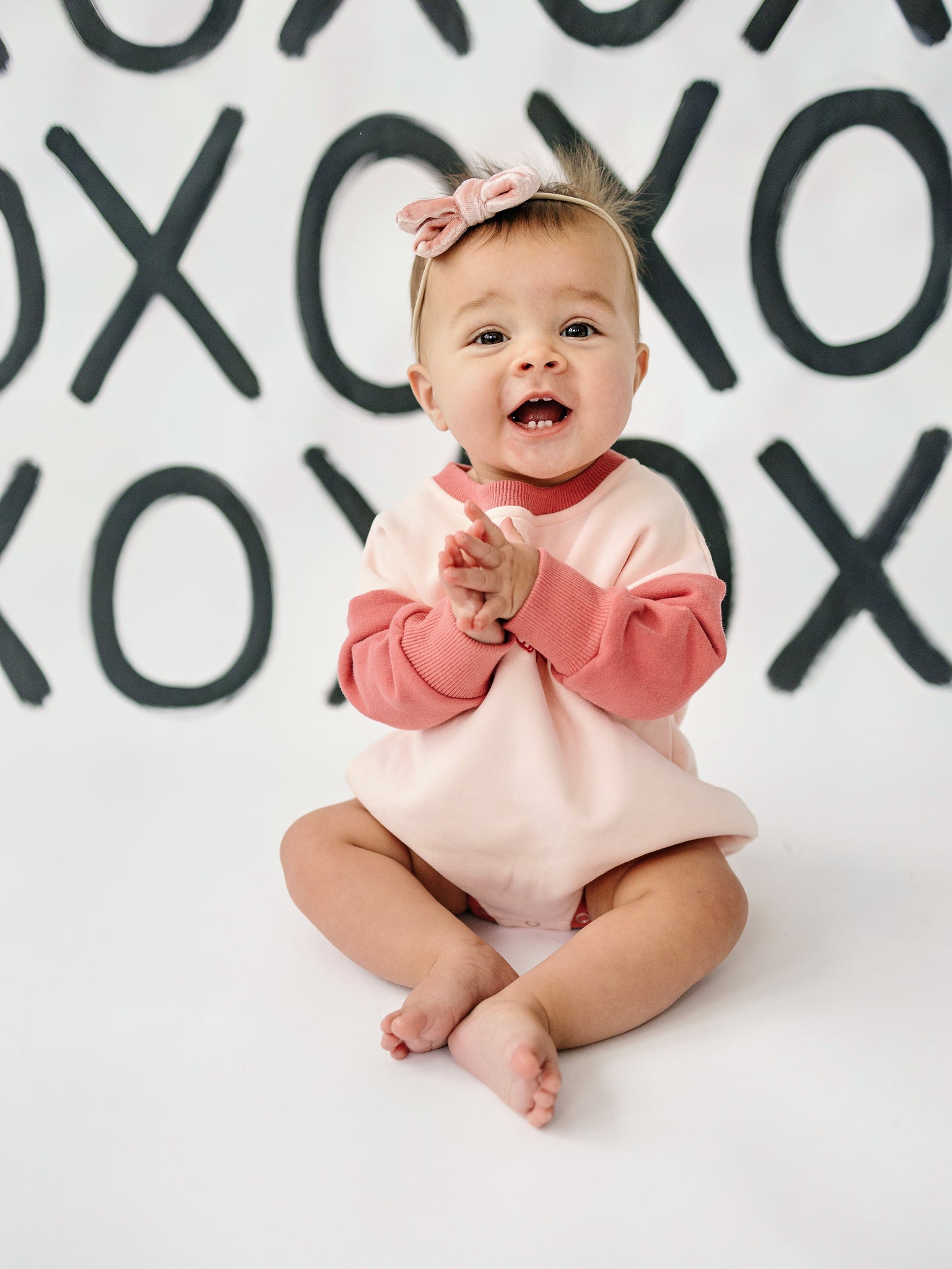 Custom Embroidered Valentine's Day Pink Colorblock Sweatshirt Romper - Candy Hearts