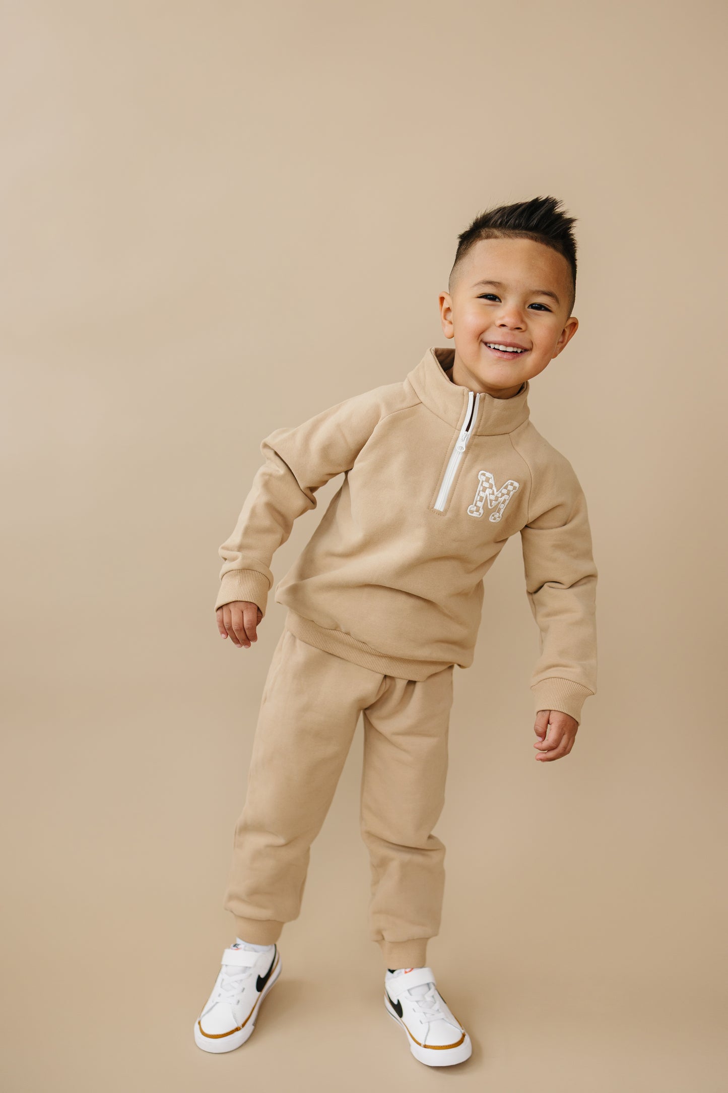 Custom Embroidered Organic Cotton Quarter Zip Set - Tan