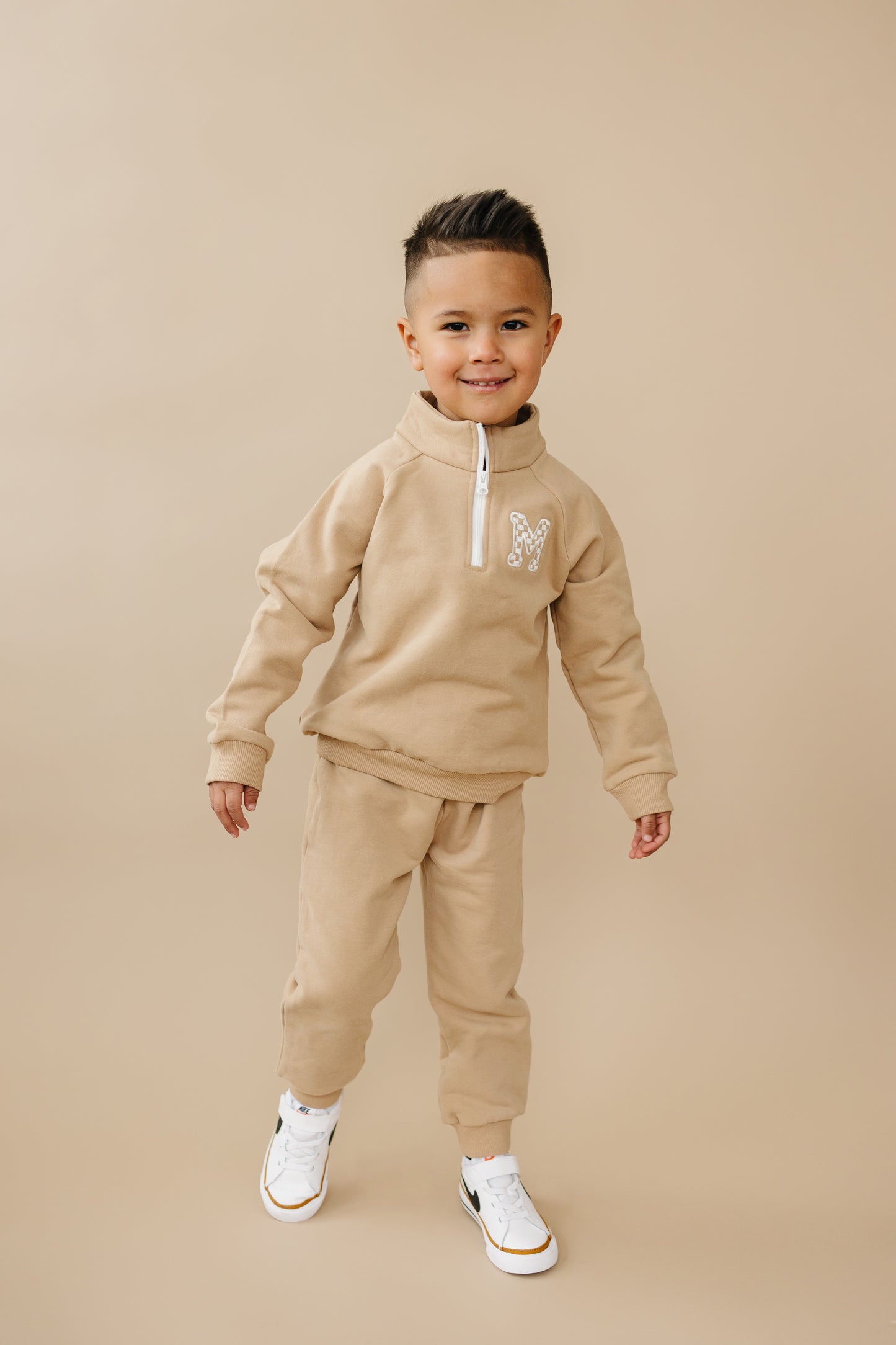 Custom Embroidered Organic Cotton Quarter Zip Set - Tan