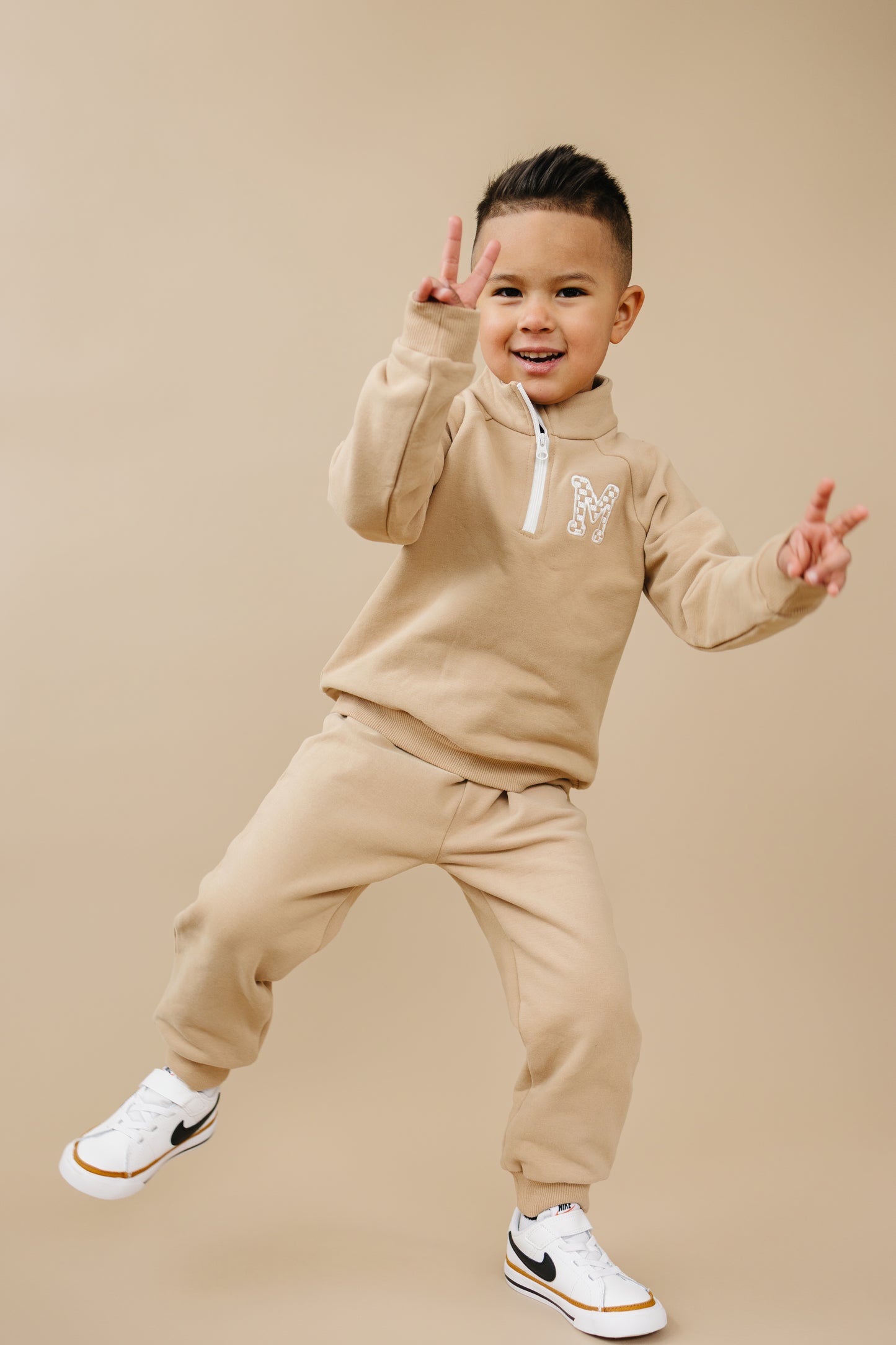 Custom Embroidered Organic Cotton Quarter Zip Set - Tan