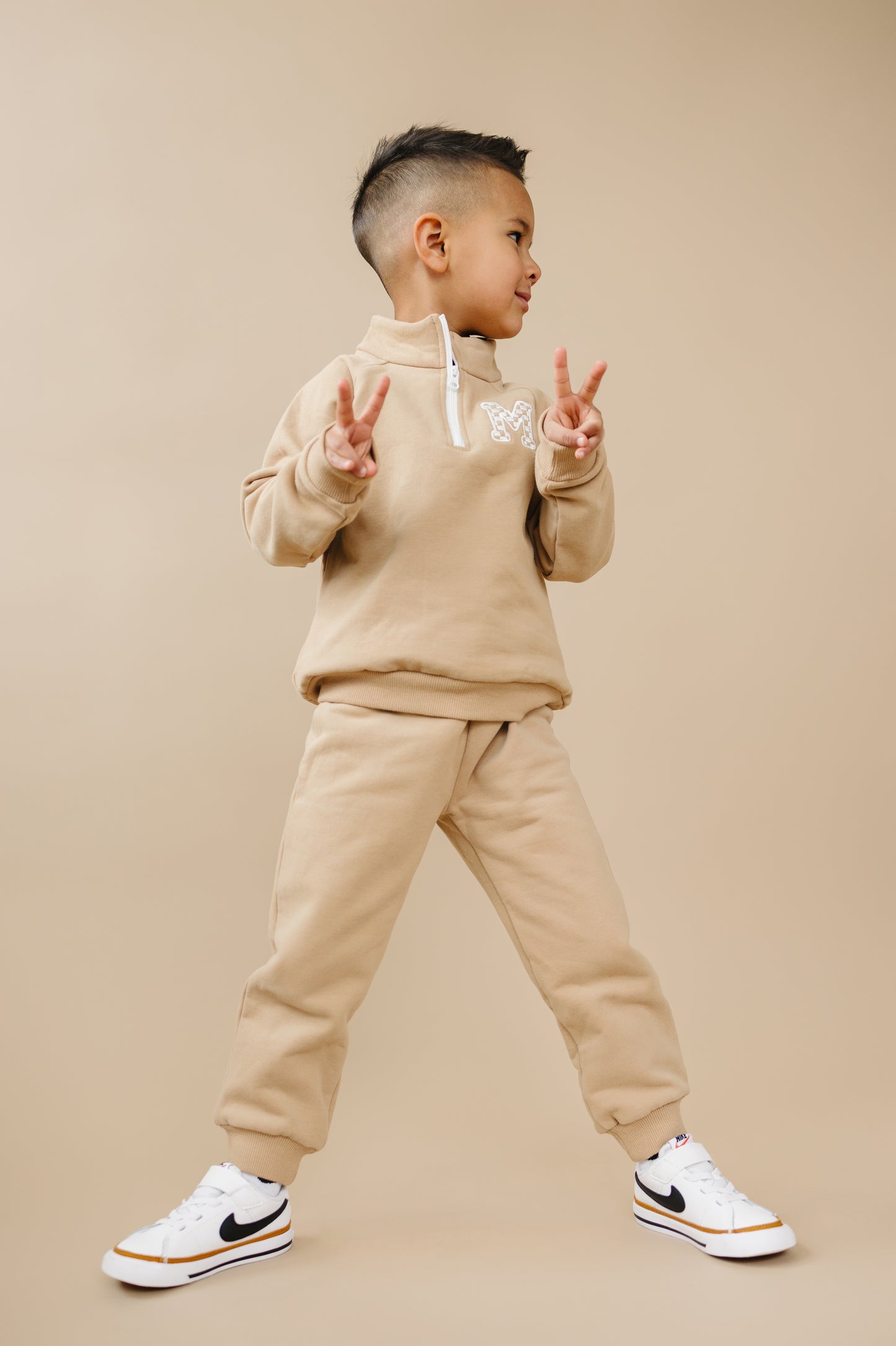 Custom Embroidered Organic Cotton Quarter Zip Set - Tan