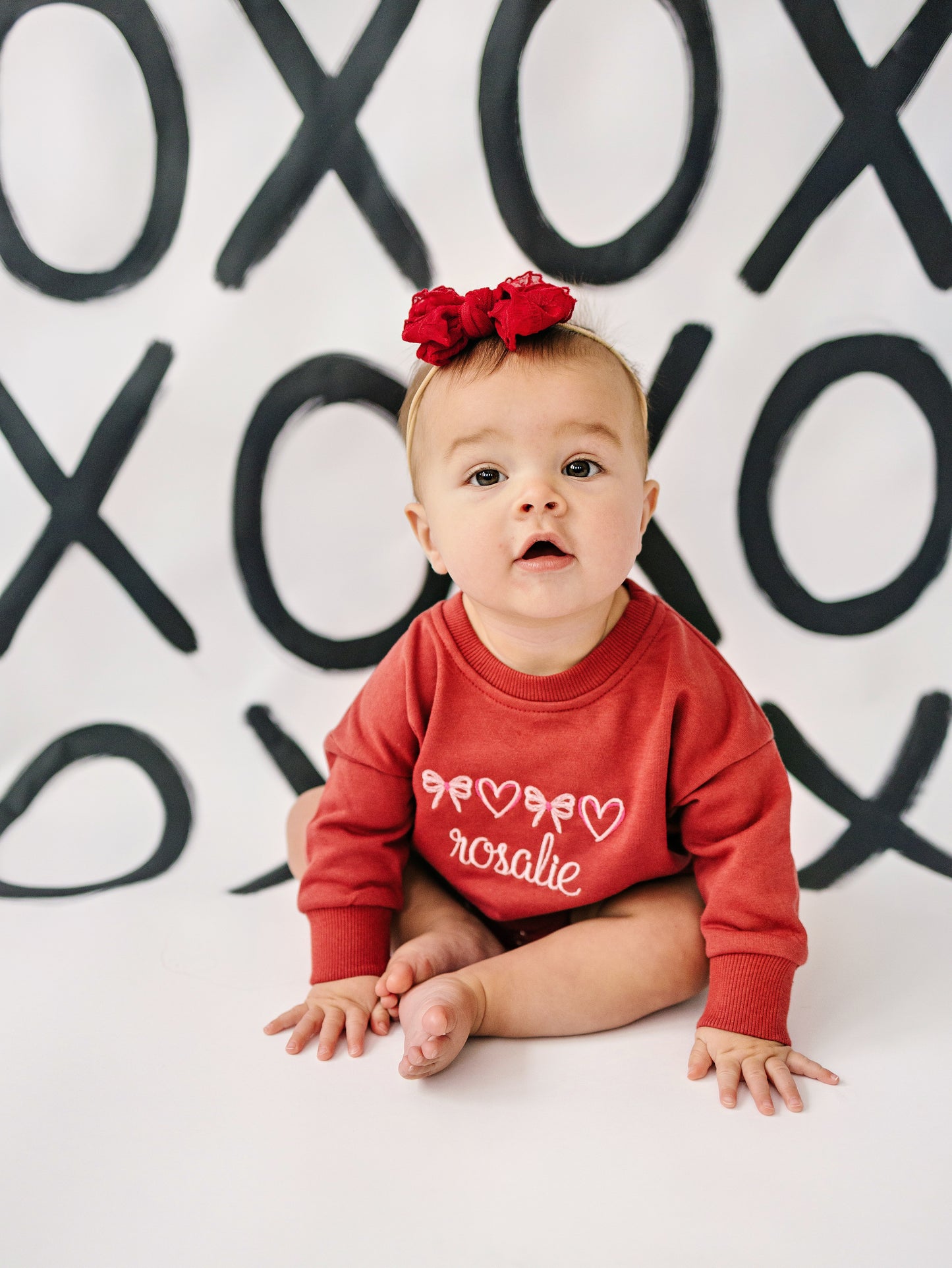 Custom Embroidered Valentine's Sweatshirt Romper or Crewneck Sweatshirt - Hearts & Bows