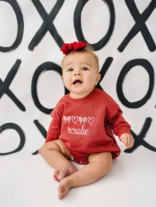 Custom Embroidered Valentine's Sweatshirt Romper or Crewneck Sweatshirt - Hearts & Bows
