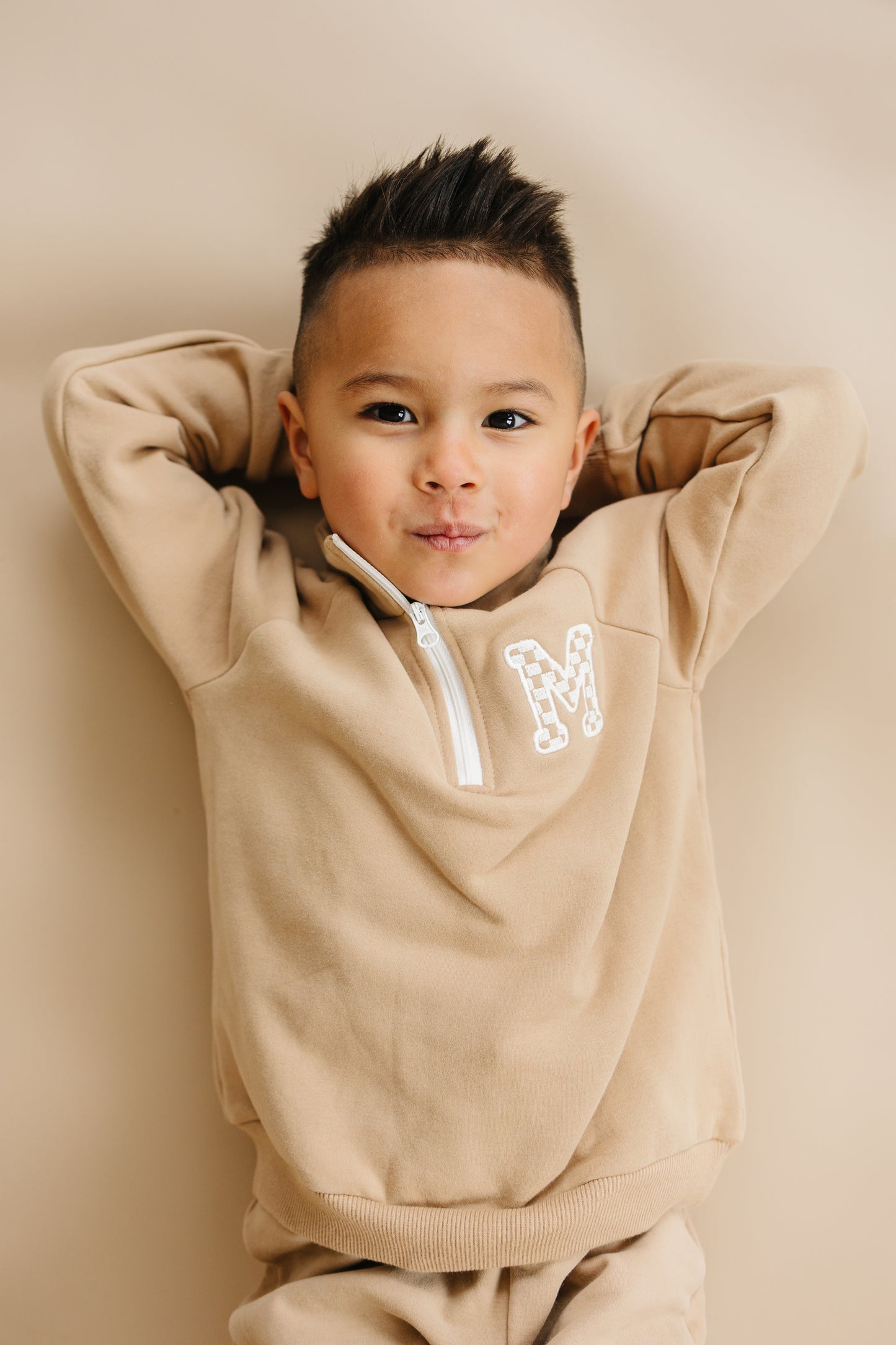 Custom Embroidered Organic Cotton Quarter Zip Set - Tan